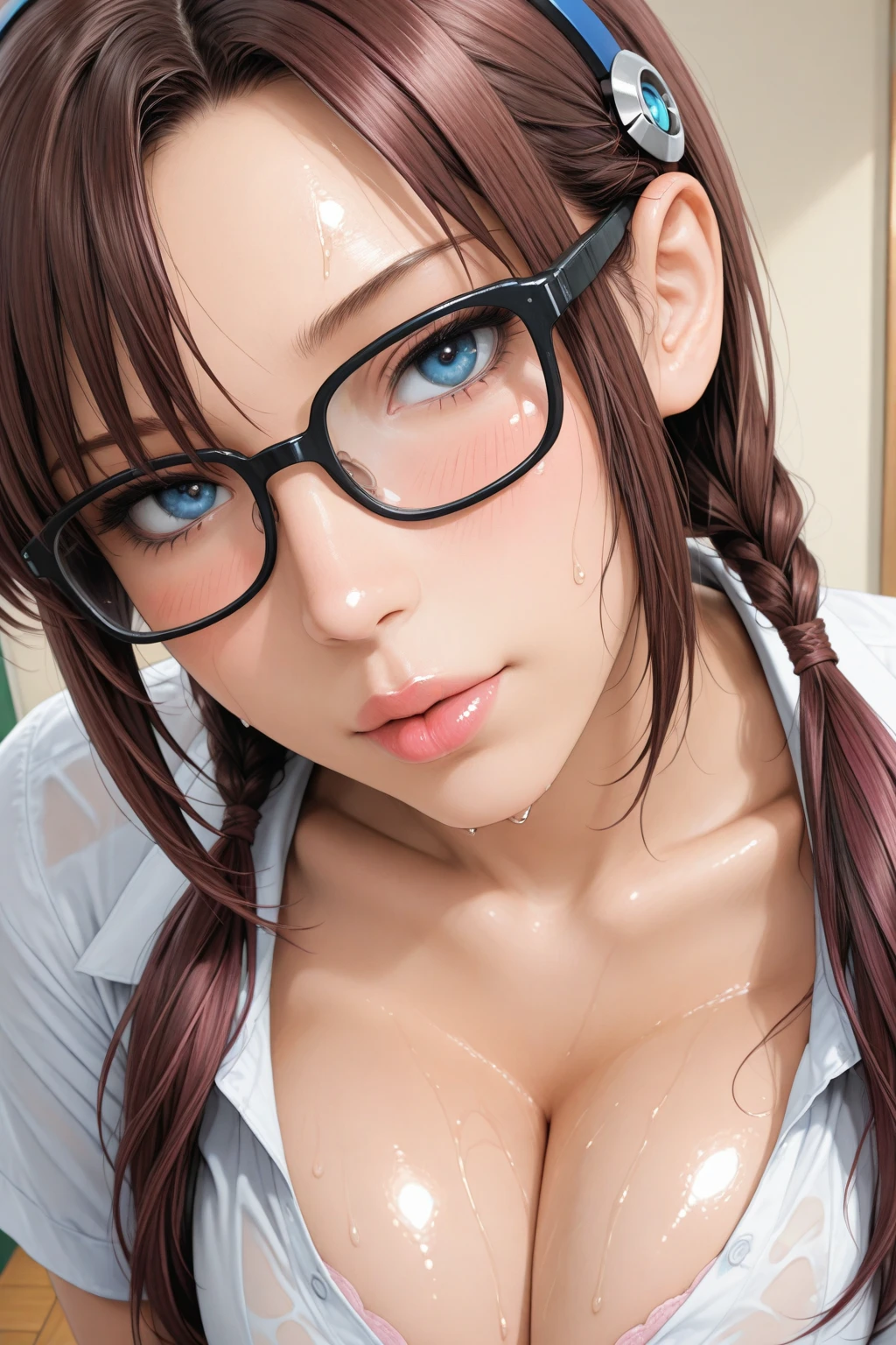 (Masterpiece:1.3), (8K, RAW Photos, Highest quality: 1.4), Beautiful Face, Beautiful hairstyle, Beautiful attention to detail, Beautiful Skin,, Charm, 超High resolution, Very detailed,(Front Focus),(masterpiece), (wonderful), (非常にwonderful), Highest quality, Expressive eyes, Perfect Face, High resolution, 4K resolution. One girl, Close-up portrait of an angry woman, Realistic Face, Swept-apart bangs, Long Hair, ponytail, , Long neck, Bedroom,, Sunlight from the window., ((Huge :1.7)) 、 Female orgasm、(((Full :1.5)))、Erotic、Climax、((Staring intently at the audience:1.5))、((She thoroughly licks the head of his thin  with her long, dripping tongue:1.5))、((:1.5))、((Glasses:1.3))、((Completely :1.7)),((Angry expression:1.7)),((Small and thin  licked and dripping with saliva:1.5,Burying deep between her  and giving her a :1.5)),((The skin is shiny with oil:1.7)),((The  are large and hard:1.5))