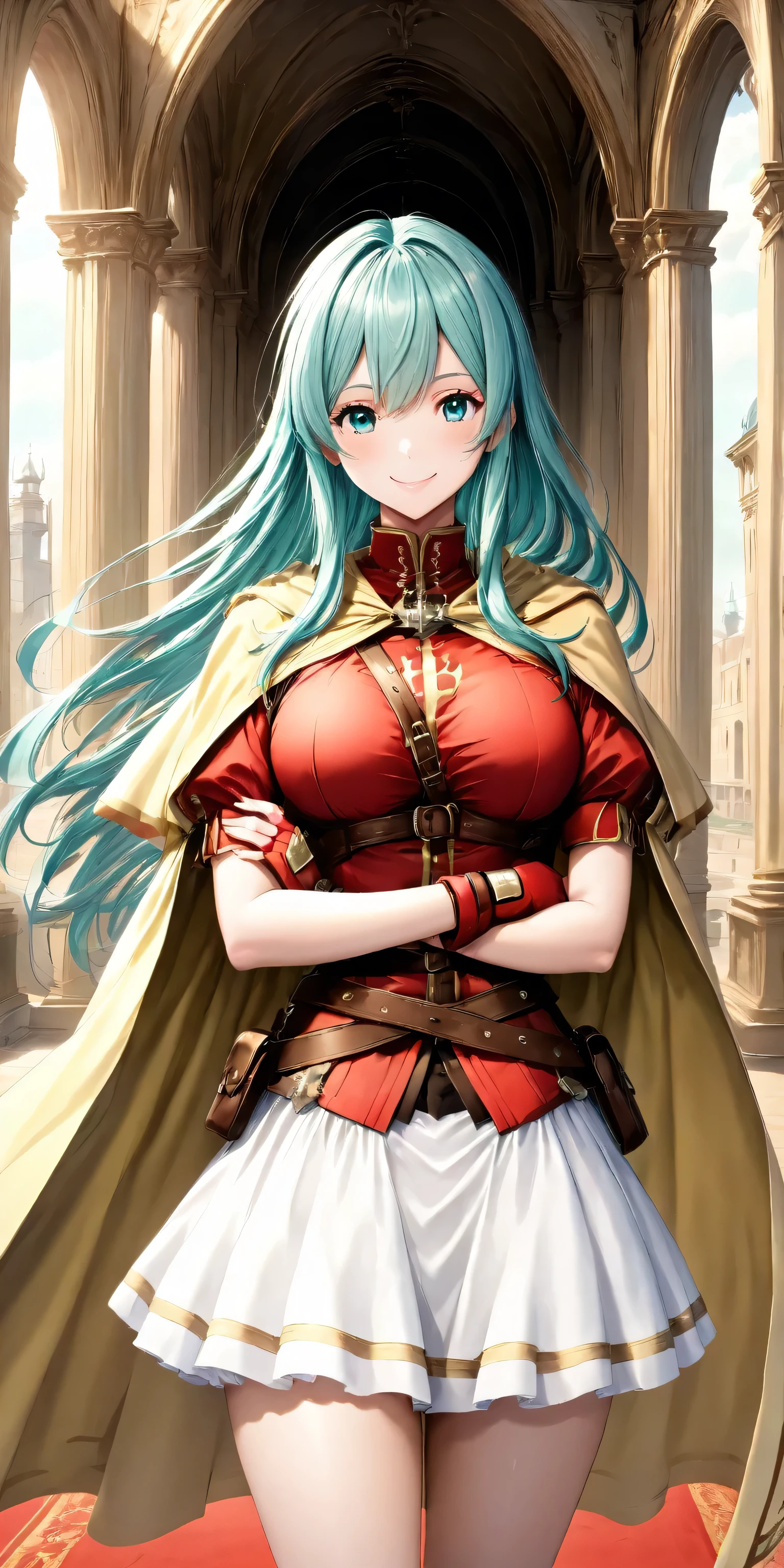 masterpiece, or more top quality, 1girl, solo, postpone, Aqua My hair, long hair, My hair, red shirt, gold border on both hands, gold border on both handsアーマー, yellow cape , standing with arms crossed,Red gloves, fingerless gloves, Brown Strap, white skirt, watching viewers, proud smile, Royal City, Red Carpet, Cowboy Shots