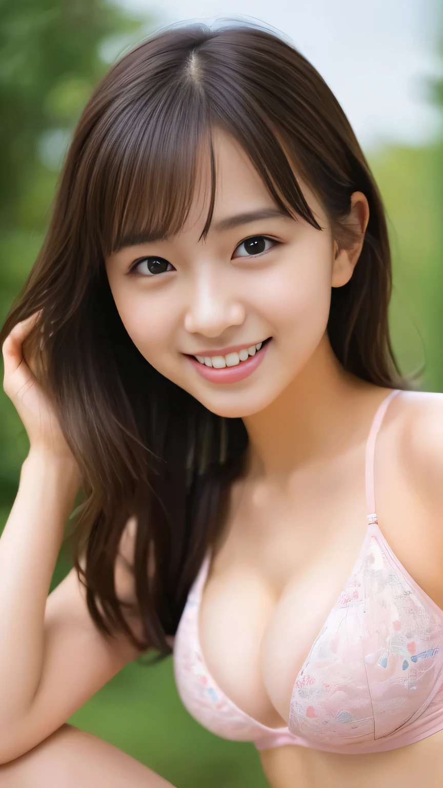 A perfect masterpiece、  (hang a highly detailed、fine-grained)or better、 High fines 、  winning works  、 sharp concentration、 cute girl、Yeah,     small tits,,(cute:1.2),  Babyface、    Capturing the beauty and individuality of nature , light pink  、    full body portrait 、    great smile    、front map with lots of logos、  viewers