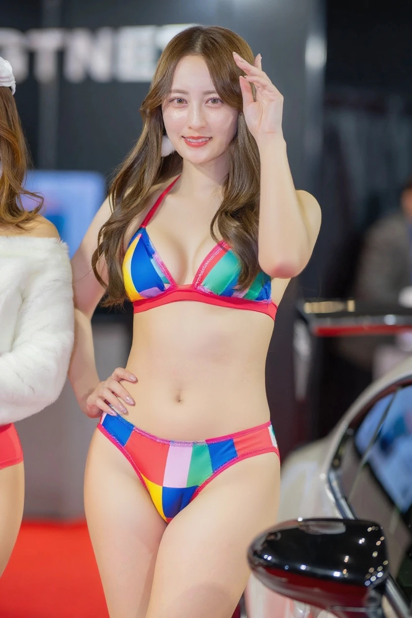 bestquality、A masterpie、Ultra High Res、18 yr old、a 1girl、standding、Adorable、race queen、(High-leg bikini)、Racing track、Pitted、Body Paint