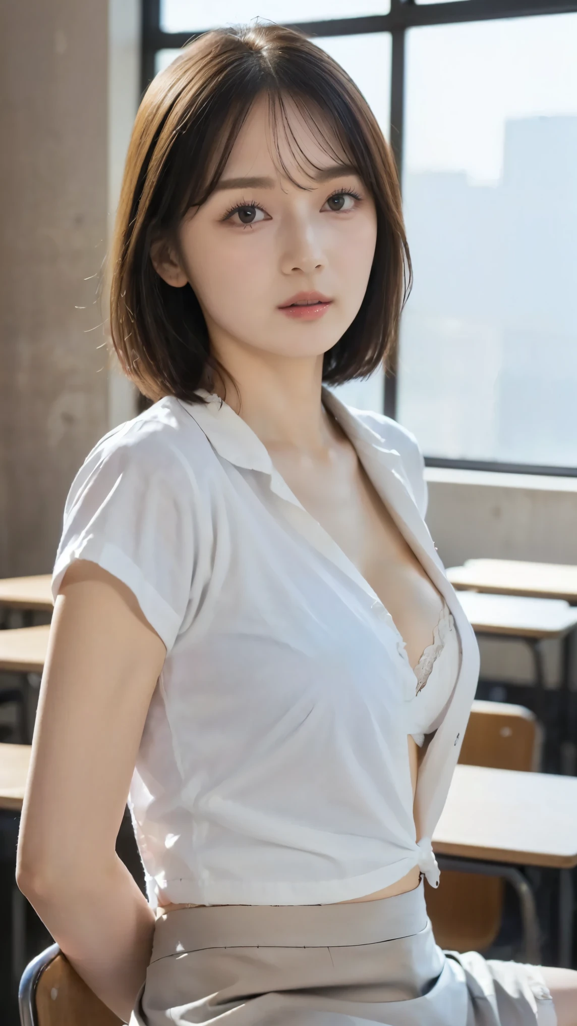 (nsfw:1.5), ((best quality, 8K wallpaper, 35 mm lens, highly realistic picture, high resolution, detailed face, detailed skin, masterpiece)), (solo:1.5), (torn clothes:1.5), (Japanese female teacher is shouting to stop abuse with her shirt completely open on both sides:1.3), Petite, delicate, slim face, slim waist, (short bob hair style:1.3), (White open collar shirt:1.5), female teacher, (White side open shirt:1.5), (torn white shirt:1.5), Tear to shreds, (formal wear:1.3), (formal grey tight mini skirt rolled up:1.3), (open shirt), (in severe pain:1.5), Facial wrinkles, (wrinkles between eyebrows), (teary eyed:1.3), (bound arms:1.42), Frightened expression, (open your mouth:1.3), (だらしなく脚を開いて:1.5), (white bra, white panties, camel toe:1.3), (in a high school class room:1.2), (sitting on a chair:1.3), (in a high school class room:1.5),