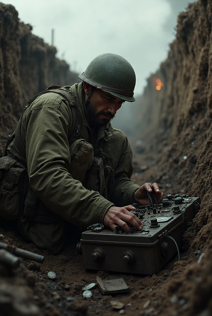 The operator struggles with a damaged radio as the trench shakes. Their unit has retreated, leaving them behind to repair the comms line.