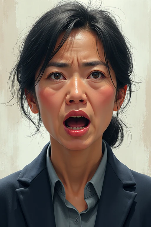 Portrait of a young Asian woman's face,The side opened its mouth extremely wide and shouted loudly in anger.,watercolor