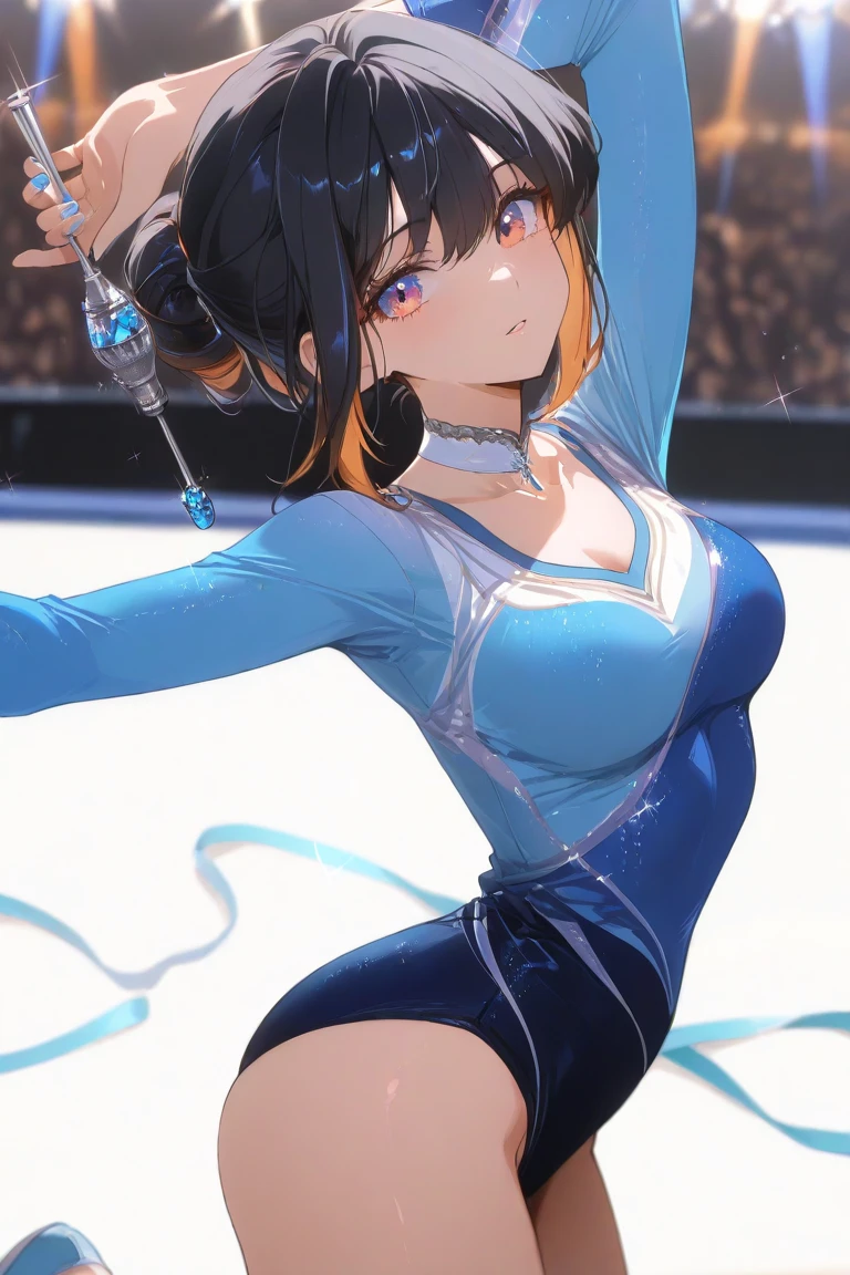 top-quality、extremely delicate and beautiful、Soio、Soio、Idol、14 year old girl、japanes、Lori、Chiquita、A dark-haired、((White and light blue leotard))、、Stand in the ring of professional wrestling、knee high socks,Fighting,Professional wrestling matches,shairband