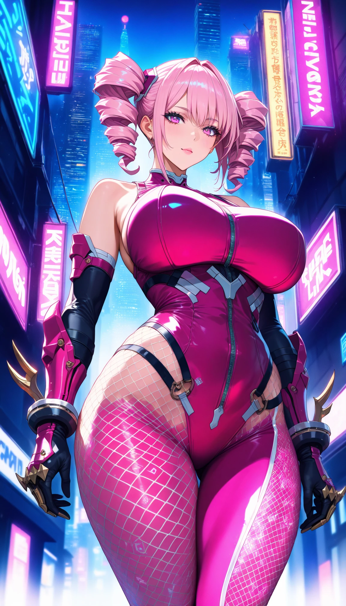 (masterpiece, best quality, high resolution, ()) 1 girl, blonde hair gathered in 2 curly pigtails, blue eyes, pink lips, cyberpunk style estraple, cyberpunk style miniskirt, long striped stockings, flirtatious smile, flirtatious posture, (white background, Stickers.Redmond), ((full body standing)),
