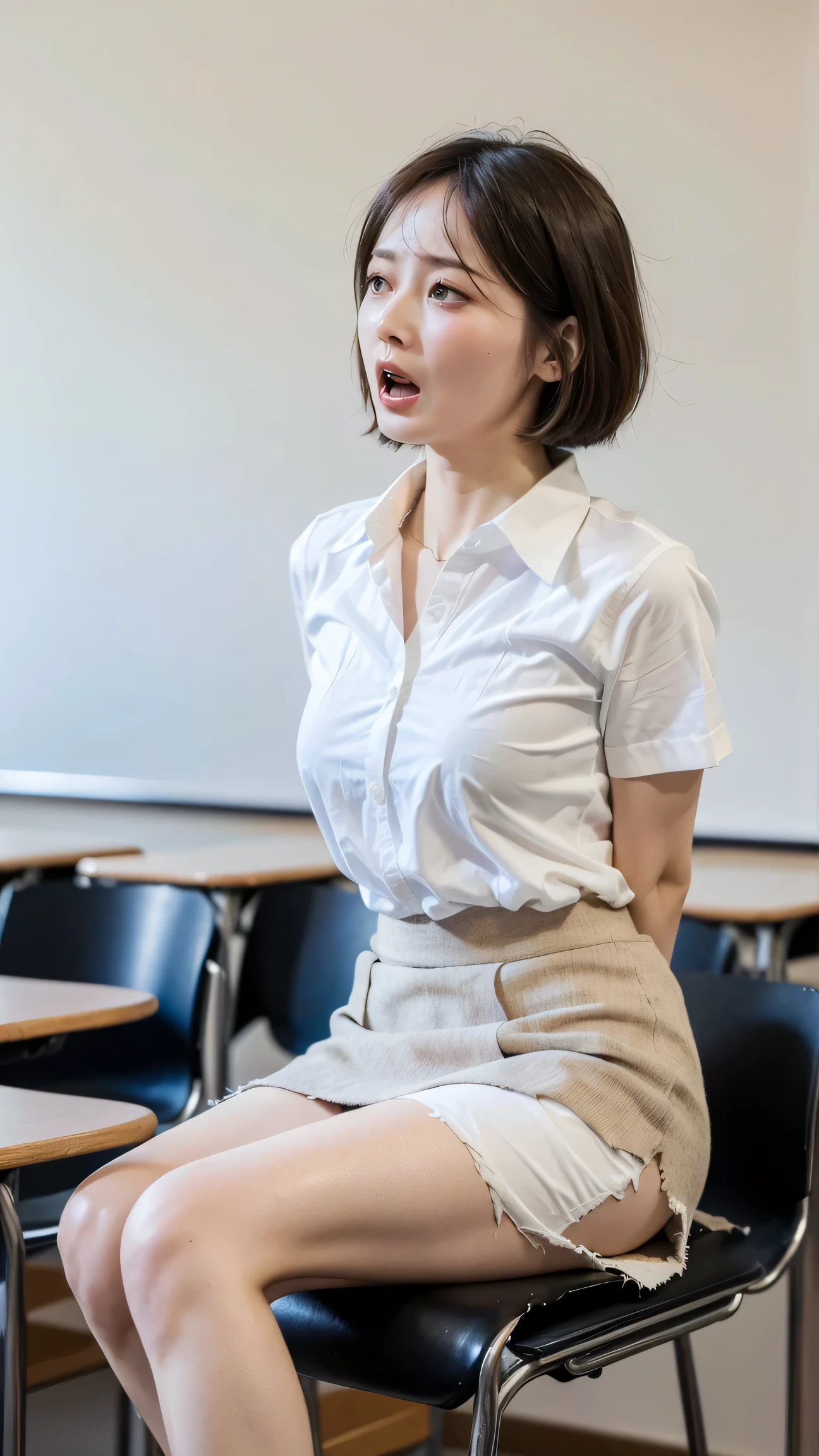 (nsfw:1.5), ((best quality, 8K wallpaper, 35 mm lens, highly realistic picture, high resolution, detailed face, detailed skin, masterpiece)), (front view, solo:1.5), (torn clothes:1.5), (Japanese female teacher is shouting to stop abuse:1.3), Petite, delicate, slim face, , (short bob hair style:1.3), (White collared shirt:1.5), female teacher, (torn white shirt:1.5), Tear to shreds, (formal wear:1.3), (formal grey tight mini skirt rolled up:1.3), (in severe pain:1.5), (wrinkles between eyebrows), (arms tied behind back:1.42), Frightened expression, (open your mouth:1.3), (だらしなく脚を開いて:1.5), (white panties, camel toe:1.3), (in a high school class room:1.2), (sitting on a chair:1.3), (in a high school class room:1.5),