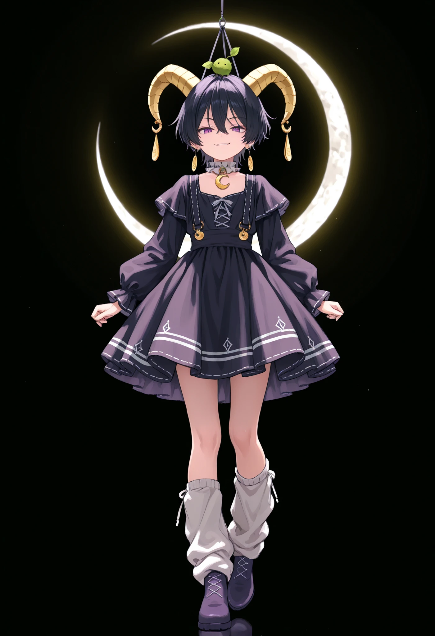 A young, androgynous figure with short, black hair, and piercing purple eyes, stands in a dynamic pose. Two small, yellow horns sprout from the top of the character's head, and the figure wears a mischievous smirk. The attire is a dark purple jester-style dress adorned with a white and yellow crescent moon emblem on the chest. A yellow, ruffled collar frames the neck, with small purple balls hanging from the hem of the dress. The figure clutches a stylized, golden crescent moon weapon. The legs are covered in white leg warmers and dark purple boots. The overall aesthetic is a blend of gothic and playful fantasy, with clean lines and bold colors dominating. The lighting is bright and clear, enhancing the saturated colors. The character's pose suggests action and perhaps a hint of cunning or playfulness. The figure is isolated against a stark black background, emphasizing the subject. The style evokes an anime or manga aesthetic, with digital painting techniques.