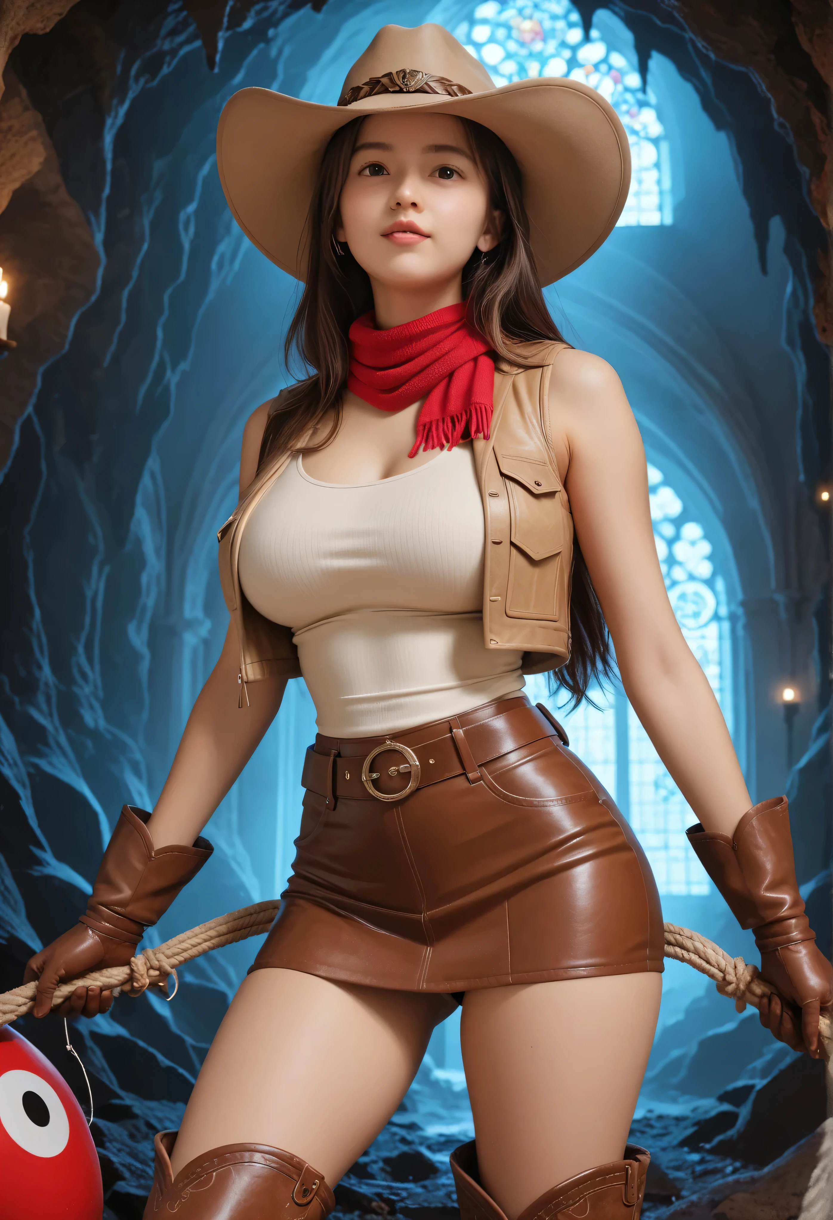 prompt: score_9, score_8_up, score_7_up, Realistic, Picture, 1 Japanese High School Student Model、Babyface, beautiful hair, (Brown Leather Cowboy Hat with Head, brown leather ten gallon hat), (WRING A RED COTTON SCARF AROUND YOUR NECK:1.2), Red cotton long scarf, wear a BEIGE LEATHER OPEN VEST over a white tank top, Layered, Separate a leather vest from a beige tank top, (beige leather vest ), DETAILED BEIGE LEATHER, (BEIGE LEATHER OPEN VEST) WITH A COWBOY MOTIFF FRINGE, LOTS OF LONG FRINGES ON THE VEST, cropped design , sleeveless, big boobs、shoulder out, (slim fit white cotton tank top:0.8), (U Neckline:0.7), MATCHING DESIGN, Beige Leather Mini Skirt , Tight silhouette, dynamic action, Dynamic motion, Motion Blur, Towering Like a Cathedral in the Dark, Belt holster, brown leather gloves, brown cowboy boots, inside the cave, Underground Exploration 、(coverd puffy nipples:0.5)、NSFW,