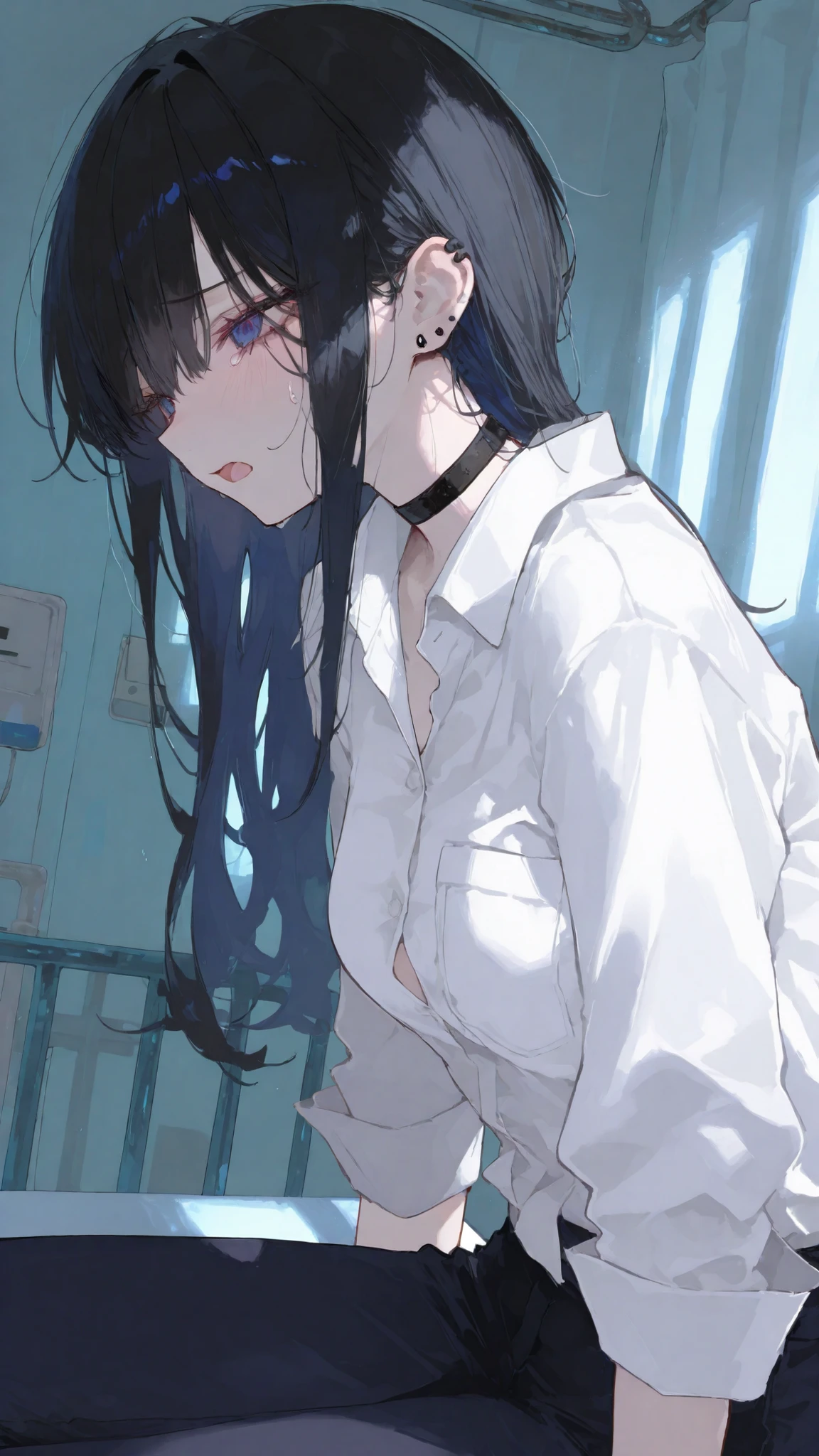 girl,Black hair, Black hair,Blue Eye, Dark blue eye,long hair,hair cuticle, black Choker ,White Office Shirt,Piercing ear lobes, worried, open mouth, Middle breast,slim,handsome,tear,Hospital Room, Gyaru style ,Trousers,Raising My Hair,cute,side view,sunlight