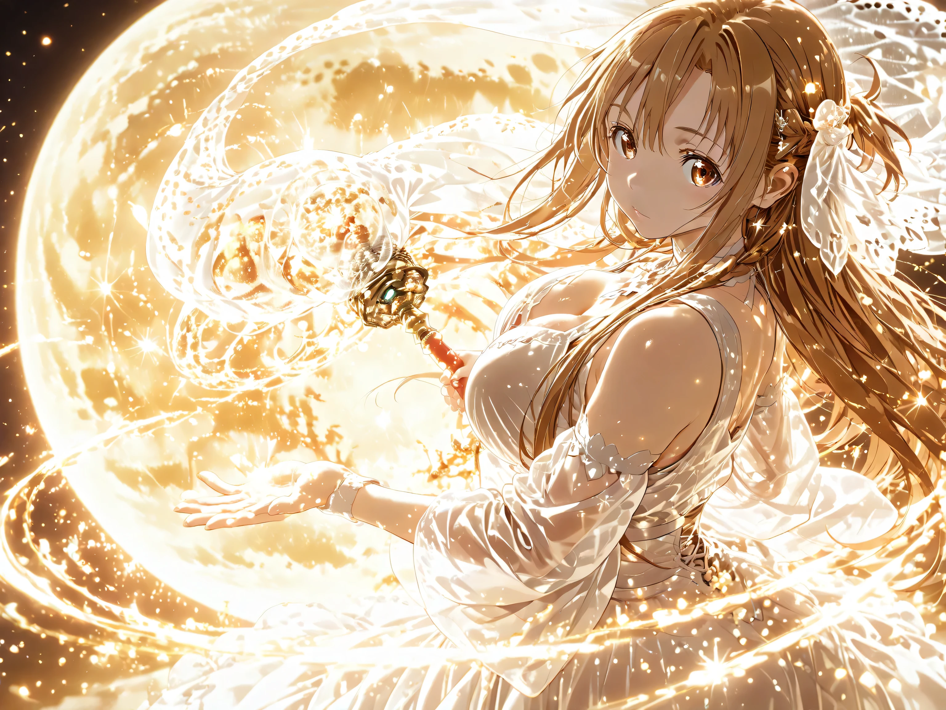yuuki asuna,Moonlight chapter、, Dynamic motion))、 Subtle slow 360° camera orbit centered around a:1.2,,complete anatomy,solo,1girl,long hair,Crystal Hair 、Golden-brown hair、long hair、hair that shines golden when exposed to light、braids,straight hair,tousled bangs, ,Reddish brown eyes, Reaching for the moon with a wooden butterfly net in his right hand,(light clothes, Transparent white costume of Greek mythology),big boobs, Curbley ,shoulder,(Rainbow-colored transparent full moon), ,32K,ultra high definition,masterpiece,Ultra High Definition,HDR,very detailed,very beautiful,top quality,Best Skills ,((, Dynamic motion)) , Dazzling moonlight , Net sways、Tilt, Details on the surface of the moon glow with warm golden light、Pulsating, Tiny sparkling stars flicker、 drifting around him, Milky Way slowly rotating in the background, boy holding a large bug net and swinging it down to the moon, Gentle breathing movement on chest, Dreamy expression with big hopeful eyes, Warm golden edge lighting, Hyper-realistic cloth and hair movement, Aetheric Vibes, 8k, Very soft and emotional --ar 9:16 --duration 10s