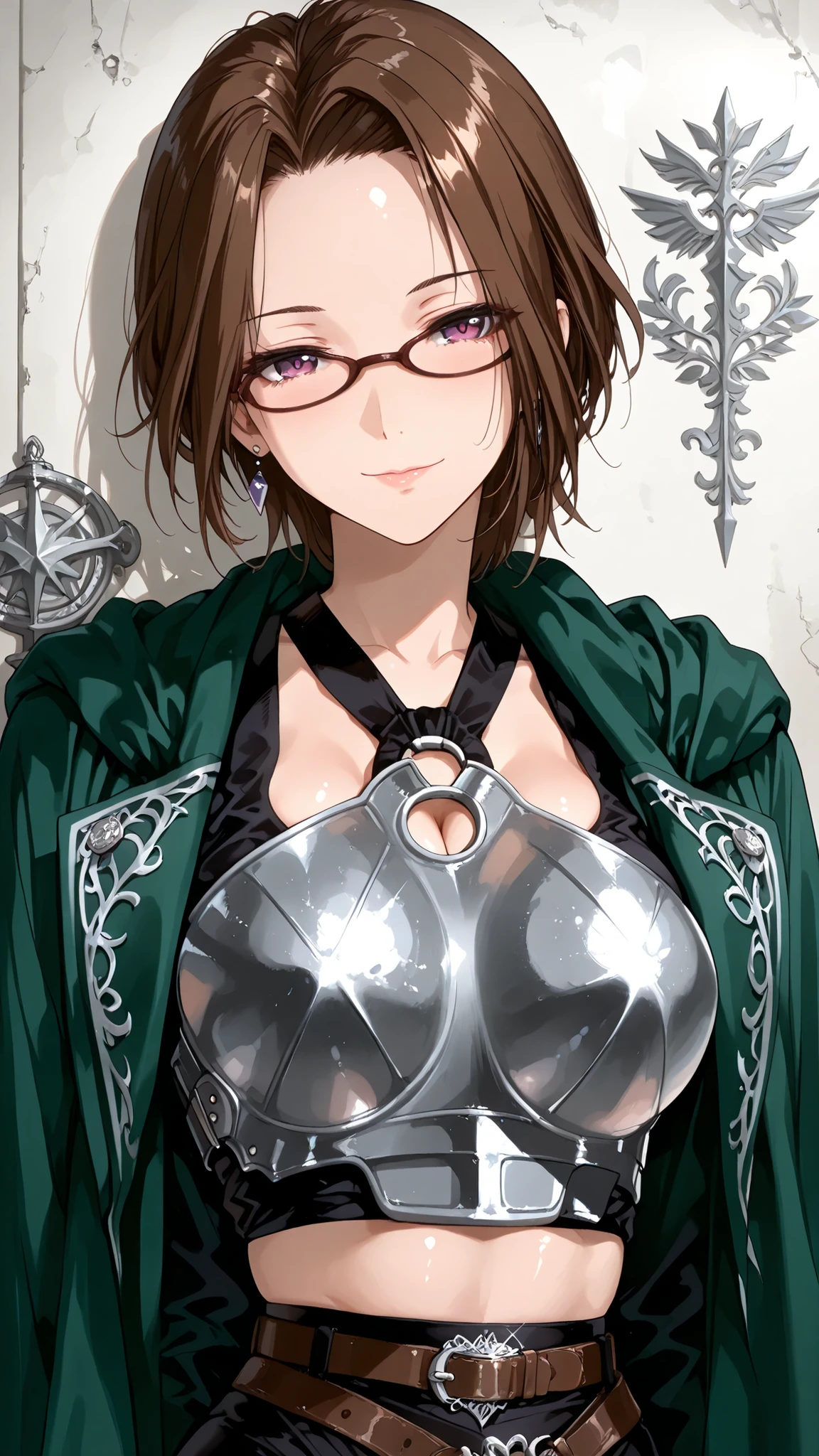 solo, tomoe (accelerando), purple eyes, brown hair, short hair, glasses, mature woman, Tight waist、Small waist、shiny Skin , (upper body), sexy, (adult woman, 25+), score_9, score_8_up, score_7_up, source_anime,(extremely detailed CG), (best quality), female warrior in fantasy game armor, A fitted leather cuirass adorned with intricate silver engravings, providing both protection and elegance. The cuirass is paired with a flowing dark green cloak fastened with a brooch shaped like a dragon's claw, mysteriously glowing crimson eyes, extremely large breasts,