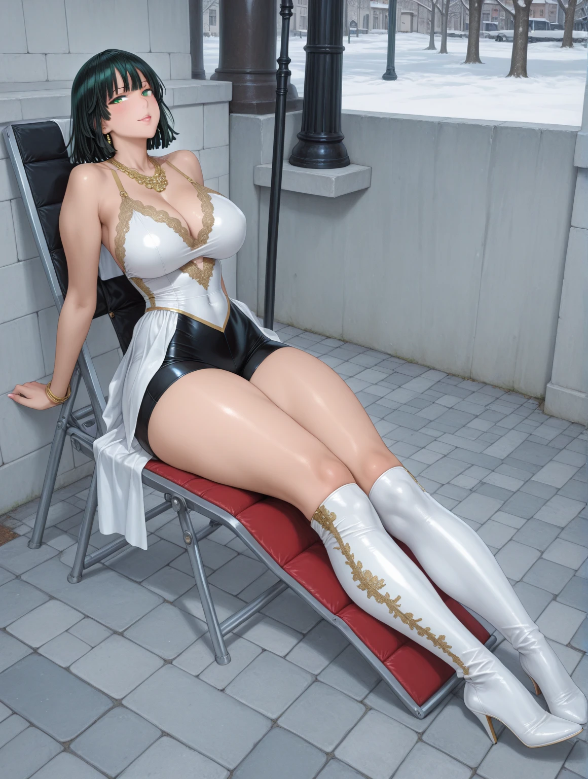 ((Best Quality)), ((masterpiece)), (detailed), 1 girl, with white leotard with gold, Brown eyes, sitting in an armchair, ???????????, who is 21 years old,((Whole body)), ((view from below))