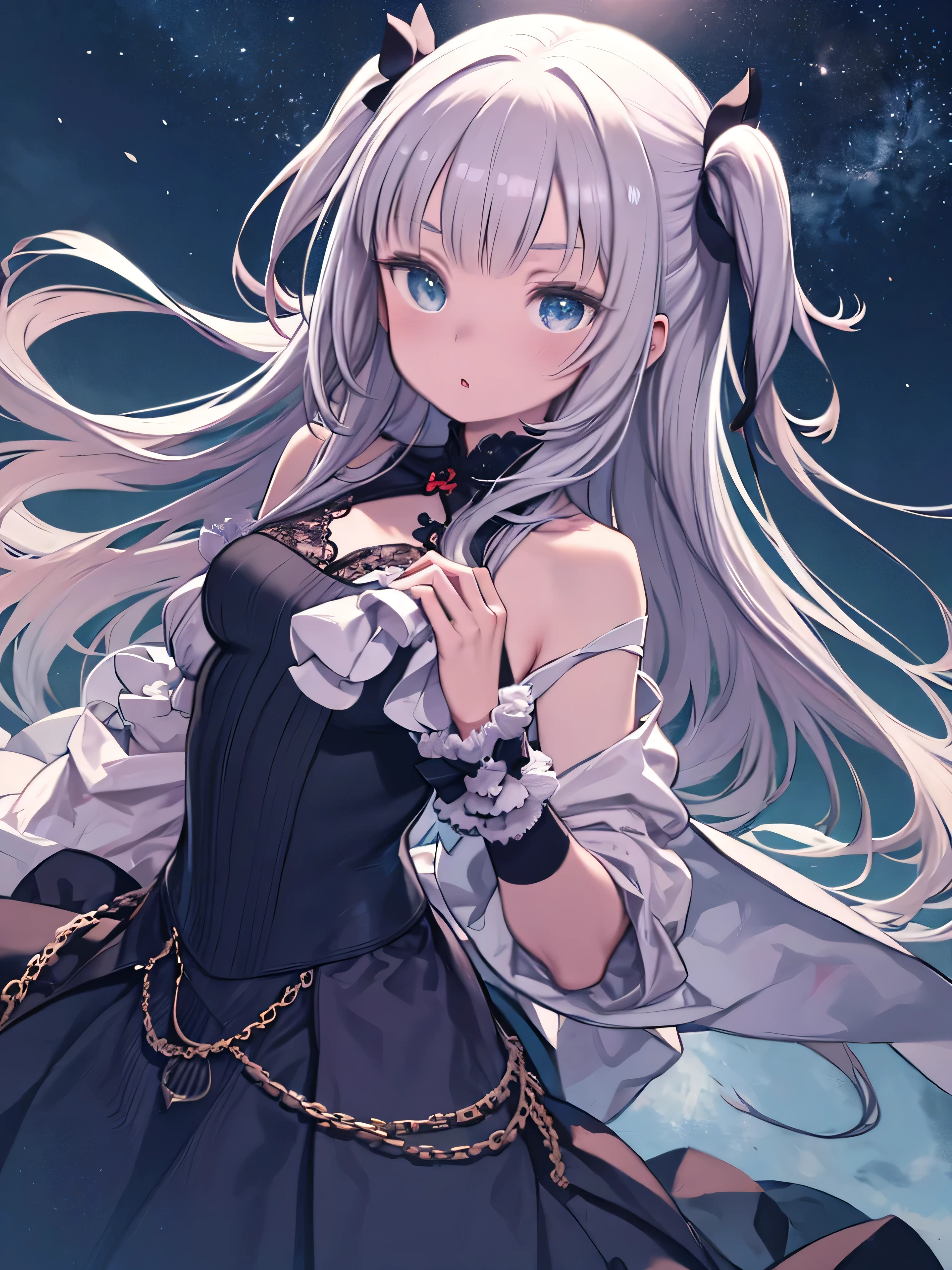 1girl, アニメ, cute girl, blank background, white background, fantasy, detailed fantasy dress with highlights, beautiful face, beautiful eyes, dark colors, black hair with multicolor streaks, red eye with different color pupil in eye, multicolor eye, medium breasts, slight cleavage, beautiful skin, cute, breast curtains, extremely delicate and beautiful, (beautiful detailed face:1.0), (detailed deep eyes), symmetrical breasts, deep eyes, shiny skin, portrait, slender waist, hips wider than shoulders, thighs, expressionless, young girl, luminous eyes, adorable，（Kpop idol）,（aegyo sal：1），（Platinum blonde hair：1），（（puffy eye）），Black ，sexy posture，Superskirt, Ultra-high resolution，Black collar，slim figure, Abdominal y tattoo,  tattoo，Tight-fitting leg ring，y tattoo on half-body，, Armored hand，Hidden fingertips，Hand covered，Arm covered，Fist covered,{{beautiful detailed fingers}}, tufts of hair, moderate beautiful breast:1.0,(masterpiece:1.2), best quality, high-res, HDR, perfect face, intricate armor, delicate blue filigree, intricate filigree, red metalic parts, detailed part, dynamic pose, dynamic lights, cute face, neutral expression, shuimobysim, lotus, Hanfu, maxi skirt, dress conservatively 1girl, 独奏, long blue hair, standing, One lady,14years,((White hair) ,(Shiny purple  with ),((Fantasy, Moon Night)), gradient_eyes,