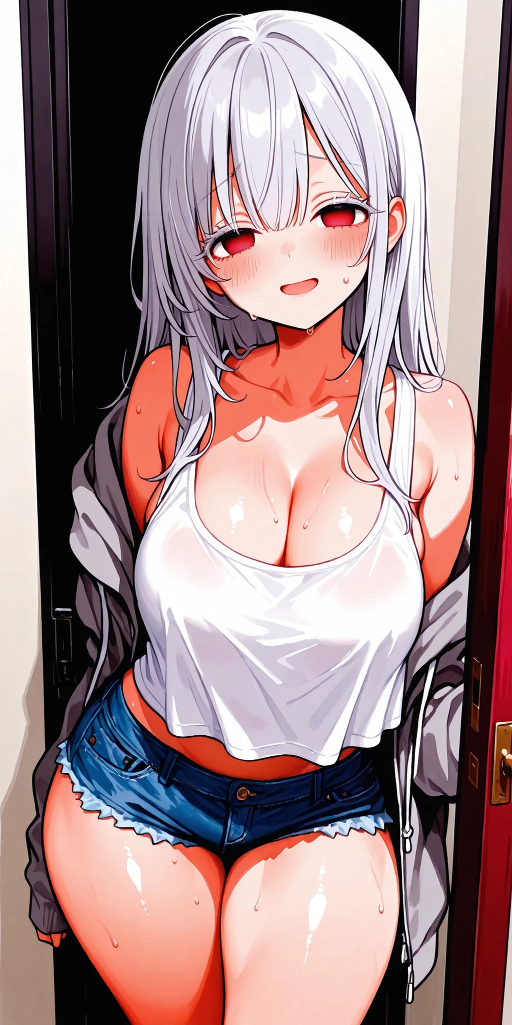 1girl,
score_9, absurdres,
from_front, (portrait:1.5), looking_up, looking_at_viewer,
well_proportioned, voluptuous, (thick_thighs:1.2), fair_skin, (sweaty:0.8),
white_tanktop_overhang, (cleavage:0.8), undressing_gray_hoodie, micro_short_denim,
red_eyes, empty_eyes, half_closed_eyes, white_thick_eyelashes,
silver_hair, long_hair,
small_face, light_makeup,
(nervous:1.2), (smile:0.8), (open_mouth:0.8),
standing, contrapposto,
opening_residential_front_door, bloom