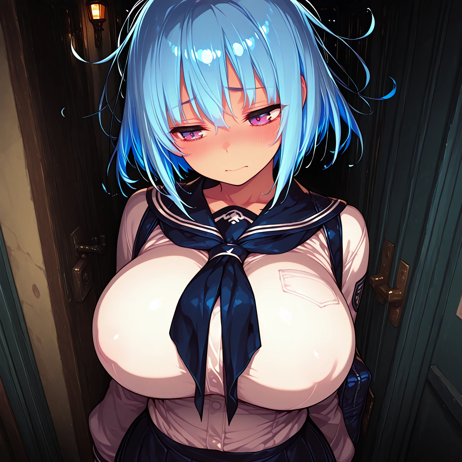 1 female,blue hair,((Surprised look)),beautiful breasts,Eyes like very big breasts、huge boobs、white nurse uniform、Nurse's white one-piece clothes、nurse、Nurse Style、nurseの制服、nurse cap、white skirt、good style,Slender thighs,Decorate the front beautifully)(((blush cheeks、embarrassed expression、naughty smile)),(((The wind blows up the skirt)))、long bob cut、Rem of Rezero、Not wearing 、Not wearing 、Not wearing a 、heart-shaped pupil, Unusual pupils, crotch tattoo, Heart-shaped tattoo、open your mouth、stick out tongue、white pantyhose、、Milk squirts out of the 、Milk drips from the 、