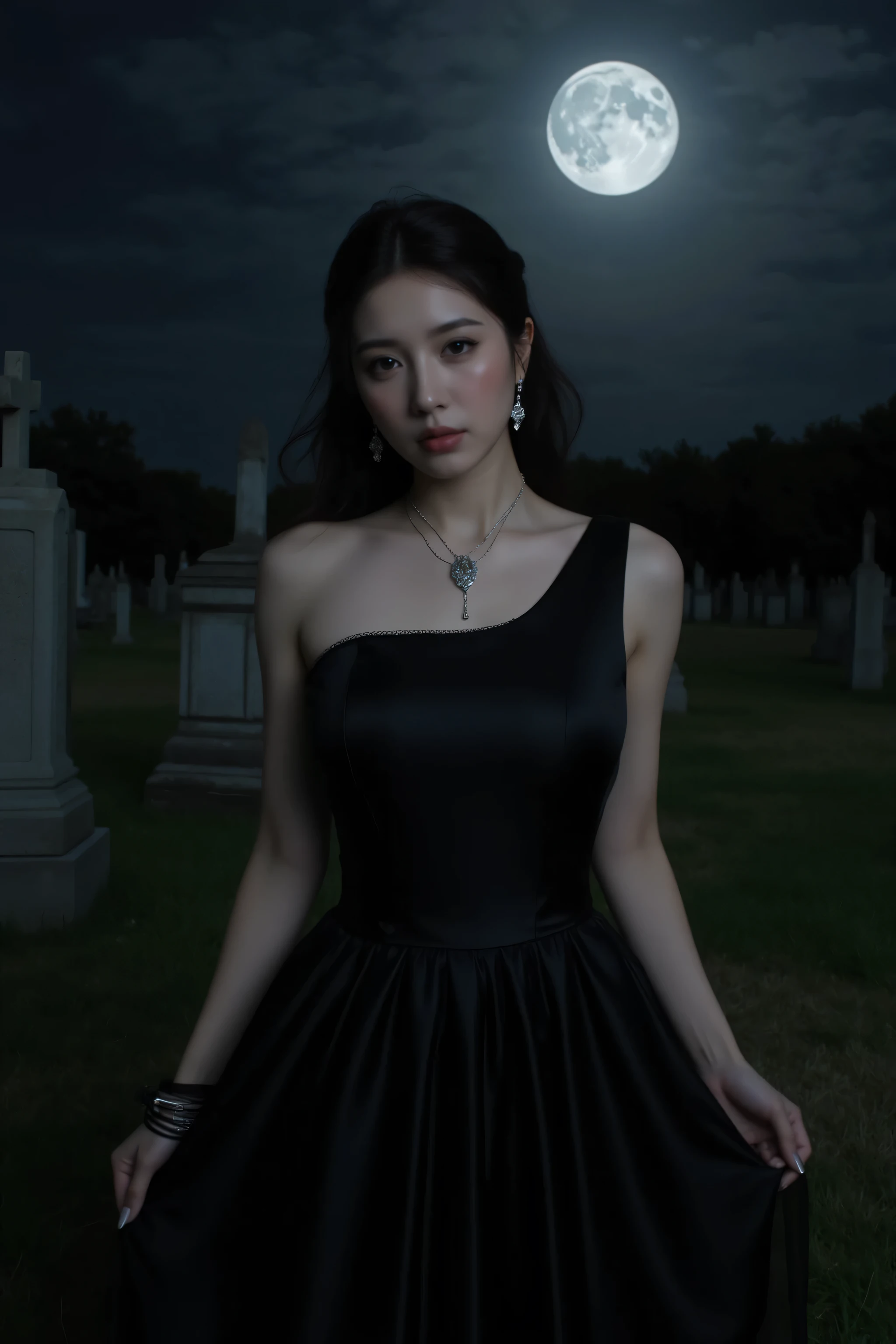 (top quality、Greatest Masterpieces、8k、best image quality、winning works)、(beautiful woman:1.1)、 perfect and beautiful composition 、(black gothic luxury dress:1.5)、(cleavage:1.2)、big boobs、(Short and elegant chignon :1.1)、(Exposing the forehead:1.3)、Modest Light Makeup、 super high resolution beautiful face 、ultra high definition hair、super high resolution sparkling eyes、Ultra High Resolution Gloss Slips、Accurate Anatomy、(Moonlight Night Graveyard:1.5)、(A lot of tombstones :1.5)、(Dark Moonlight :1.5)、(Big Full Moon:1.3)、(sad expression :1.1)、dark haired