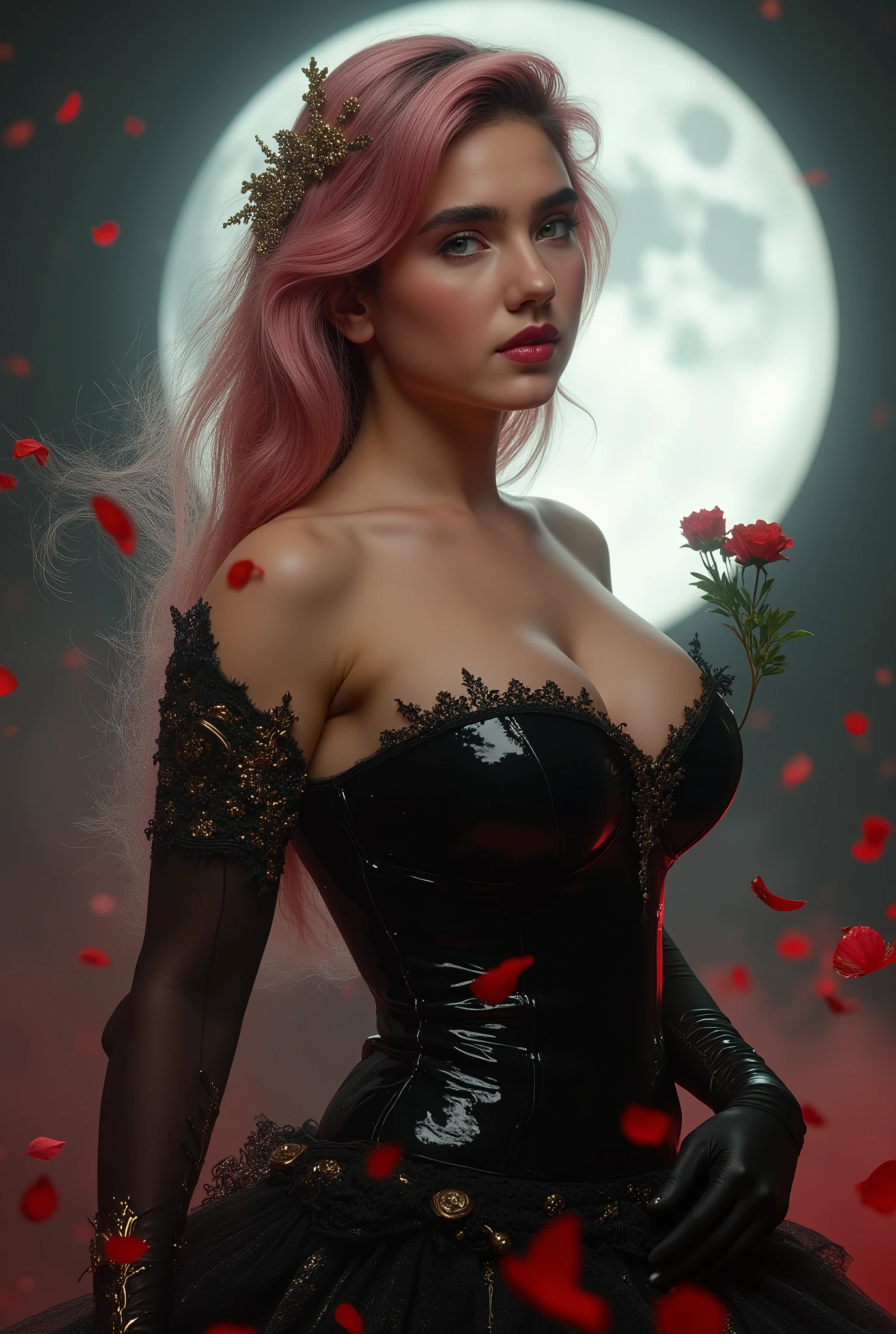 Photo, ((( Epic realism: 1.8 ))), ((( Full body shooting angle: 1.8 ))) Jennifer Connelly, jenniferconnelly . Photo ultrarrealista de Kiara Nova haciendo cosplay de Yor Forger, an impressive cosplayer ( 22-25 years ), with wavy pastel pink hair, light almond eyes, slightly tanned skin, an athletic and feminine body, small and hard , Toned Legs, round and flat abdomen. She wears a sensual version of Yor Forger's black assassin outfit. She wears a black latex dress with a wide neckline, exposing her beautiful with her back, a hair ornament with gold details and long gloves. Holds a flower with one hand golden with a very pose and leaning forward the spectator, with an intense look and a and mysterious expression. Background with bright full moon and red petals in the air and suspended dust. are appreciated. ((( adult content : 1.8 ))). (((exposed : 1.9 )))