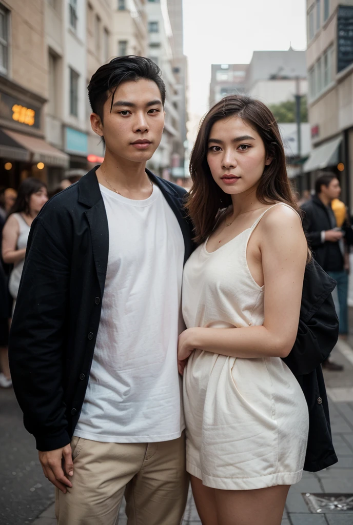 (Best quality, 16k, High resolution, Craftsmanship: 1.2), Highly detailed, (Realistic, Photorealistic, photo-realistic: 1.37), Korean fashion beauty, Japanese and Korean beauty, cute and innocent, Detailed eyes and face, beautiful lips details, White teeth, Long eyelashes, slimming, fashionably dressed, Long trousers, Plump upper circumference, , (Beautiful, Charming: 1.1),.next to her
a clean-faced Indonesian man wearing an office worker's suit, Colorful street background, Stylish clothes and accessories, Clothing material is soft, Portrait style photography, Bright colors, Street lights.