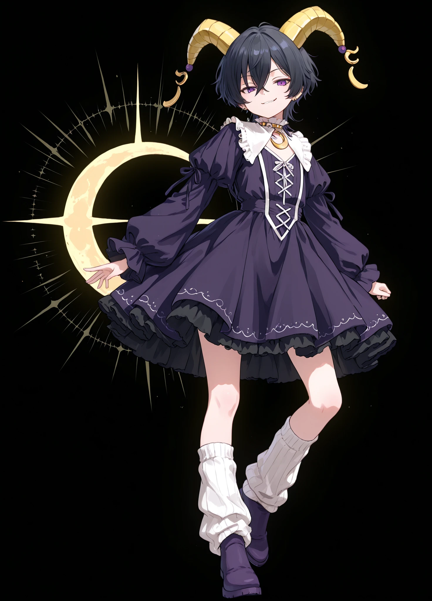 A young, androgynous figure with short, black hair, and piercing purple eyes, stands in a dynamic pose. Two small, yellow horns sprout from the top of the character's head, and the figure wears a mischievous smirk. The attire is a dark purple jester-style dress adorned with a white and yellow crescent moon emblem on the chest. A yellow, ruffled collar frames the neck, with small purple balls hanging from the hem of the dress. The figure clutches a stylized, golden crescent moon weapon. The legs are covered in white leg warmers and dark purple boots. The overall aesthetic is a blend of gothic and playful fantasy, with clean lines and bold colors dominating. The lighting is bright and clear, enhancing the saturated colors. The character's pose suggests action and perhaps a hint of cunning or playfulness. The figure is isolated against a stark black background, emphasizing the subject. The style evokes an anime or manga aesthetic, with digital painting techniques.