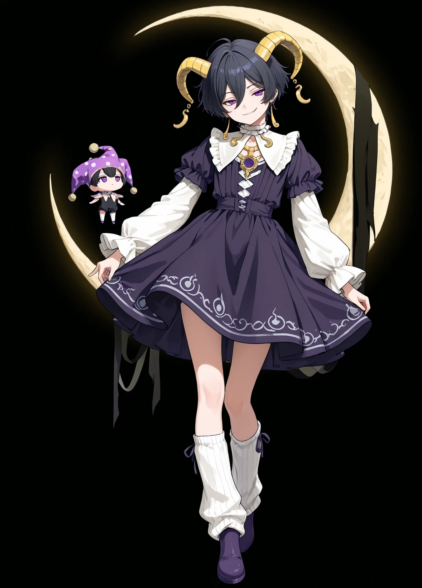 A young, androgynous figure with short, black hair, and piercing purple eyes, stands in a dynamic pose. Two small, yellow horns sprout from the top of the character's head, and the figure wears a mischievous smirk. The attire is a dark purple jester-style dress adorned with a white and yellow crescent moon emblem on the chest. A yellow, ruffled collar frames the neck, with small purple balls hanging from the hem of the dress. The figure clutches a stylized, golden crescent moon weapon. The legs are covered in white leg warmers and dark purple boots. The overall aesthetic is a blend of gothic and playful fantasy, with clean lines and bold colors dominating. The lighting is bright and clear, enhancing the saturated colors. The character's pose suggests action and perhaps a hint of cunning or playfulness. The figure is isolated against a stark black background, emphasizing the subject. The style evokes an anime or manga aesthetic, with digital painting techniques.