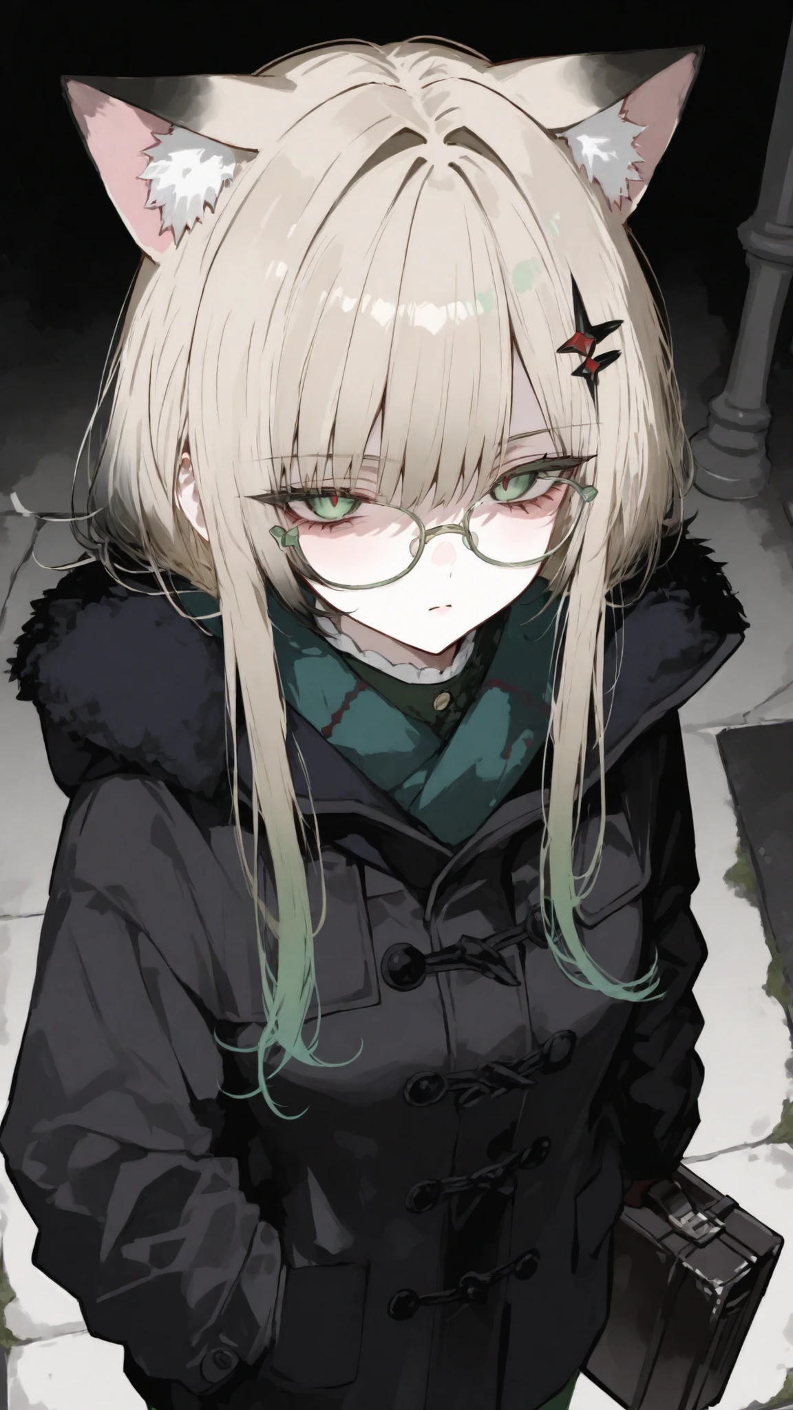 Cat Ear Girl,light brown, green eye,Dark Highlight Hair,gradient hair,glasses,Black winter coat,Carry a black briefcase,standing,Black Highlight Hair, serious face,Red Hairpin,