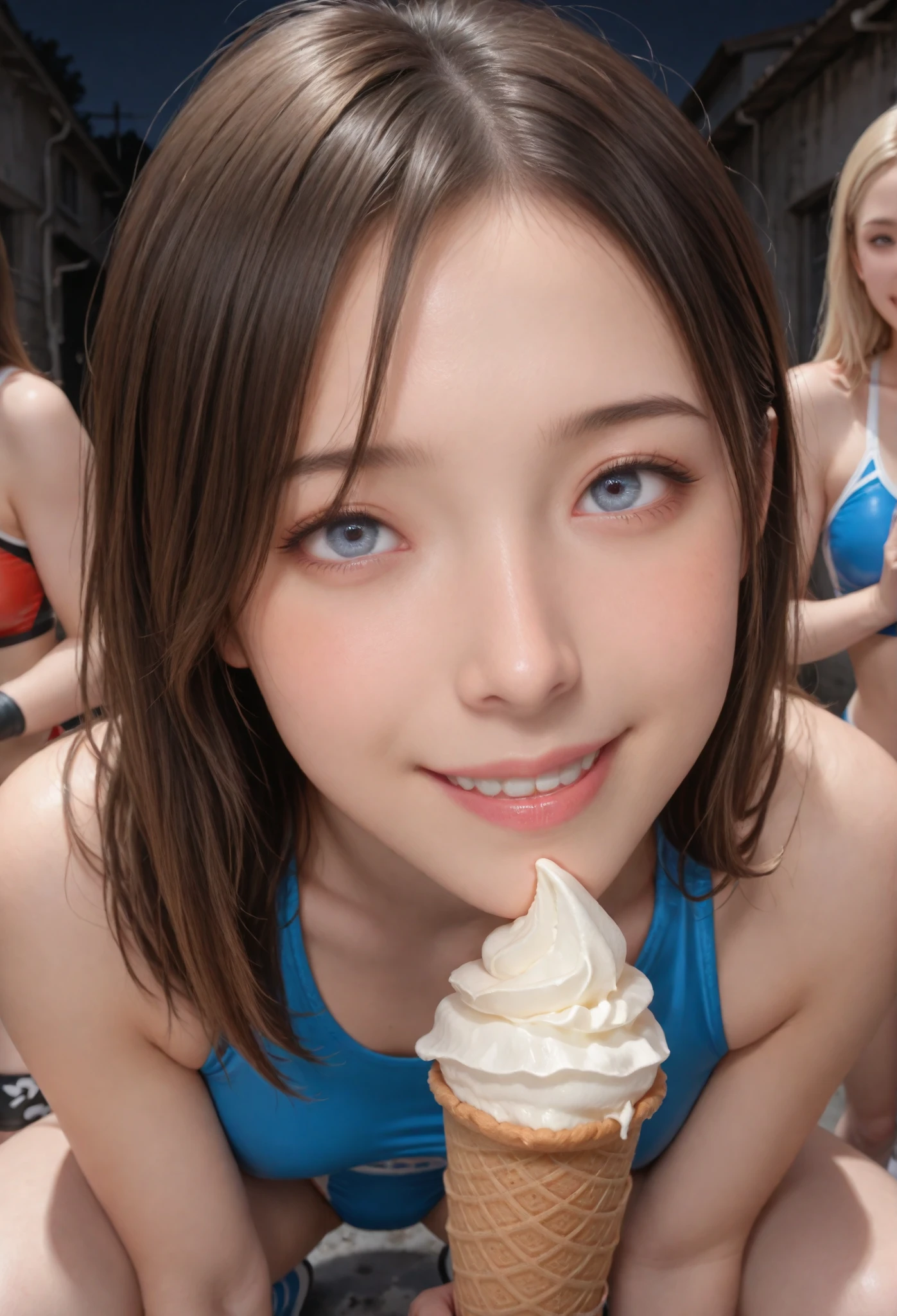 masterpiece, amazing quality, skin details, amazing quality, absurdres, detailed shadows,
(photorealistic:1.3), (realistic), face focus, close up face,
outdoor, dirty alley back, dark, dark background, late night,
detailed blue eyes, perfect eyes, realistic eyes, detailed face,
3girls, ((three face)), (((from below))) of 3 hot sweet innocent young European high school girls with blonde and brown hair, brookemonk, smiling, sexy, beautiful girl, innocent, very cute, (big and drooping eyes:1.3), (European:1.2), cheek to cheek, fingers on chest, beingmadetofeellike, Dgenmx, ((pov yellow long soft cream with cone)), squatting, ((wrestling outfit))