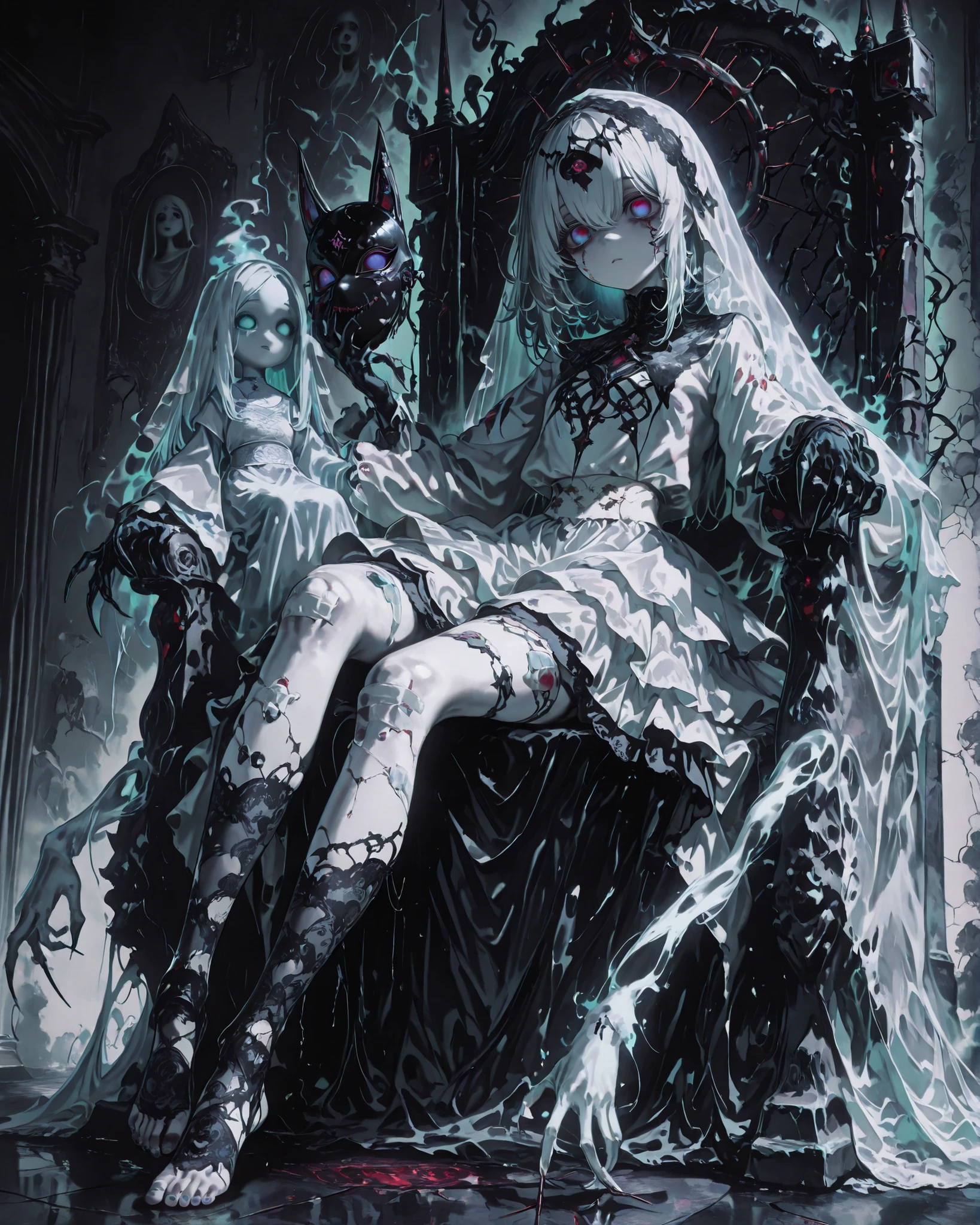 Frontal angle, (masterpiece, 4K, ultra-detailed, vivid and vibrant colors), {a girl}: (small, ghostly figure the size of a child, apparently 6 to 8 years old, with a frightening porcelain doll face, wearing a delicate yet disturbing funereal veil and a torn, layered dress made of faded lace and gauze, floating slightly above the ground with an ethereal presence, small, sharp hands, floating sewing needles orbiting them, long sleeves dragging on the floor like dark threads, empty eye sockets or subtle enameled eyes behind the mask, ghostly pale skin cracked like porcelain, seated on a throne with both feet on the throne), distorted background like a nightmare, dim lighting