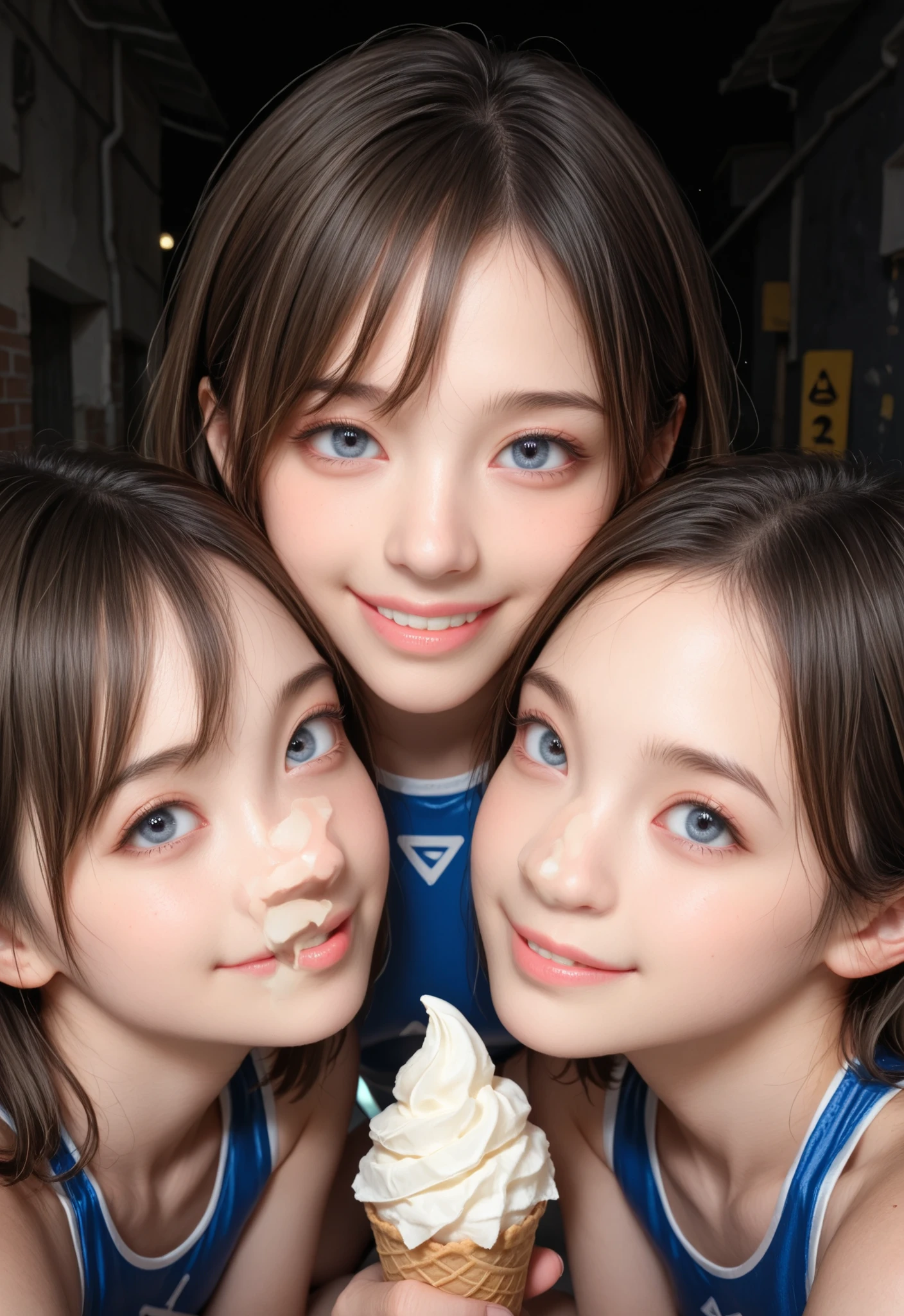 masterpiece, amazing quality, skin details, amazing quality, absurdres, detailed shadows,
(photorealistic:1.3), (realistic), face focus, close up face,
outdoor, dirty alley back, dark, dark background, late night,
detailed blue eyes, perfect eyes, realistic eyes, detailed face,
3girls, ((three face)), (((from below))) of 3 hot sweet innocent young European high school girls with blonde and brown hair, brookemonk, smiling, sexy, beautiful girl, innocent, very cute, (big and drooping eyes:1.3), (European:1.2), cheek to cheek, fingers on chest, beingmadetofeellike, Dgenmx, ((pov yellow long soft cream with cone)), squatting, ((wrestling outfit))