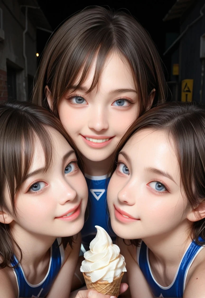masterpiece, amazing quality, skin details, amazing quality, absurdres, detailed shadows,
(photorealistic:1.3), (realistic), face focus, close up face,
outdoor, dirty alley back, dark, dark background, late night,
detailed blue eyes, perfect eyes, realistic eyes, detailed face,
3girls, ((three face)), (((from below))) of 3 hot sweet innocent young European high school girls with blonde and brown hair, brookemonk, smiling, sexy, beautiful girl, innocent, very cute, (big and drooping eyes:1.3), (European:1.2), cheek to cheek, fingers on chest, beingmadetofeellike, Dgenmx, ((pov yellow long soft cream with cone)), squatting, ((wrestling outfit))
