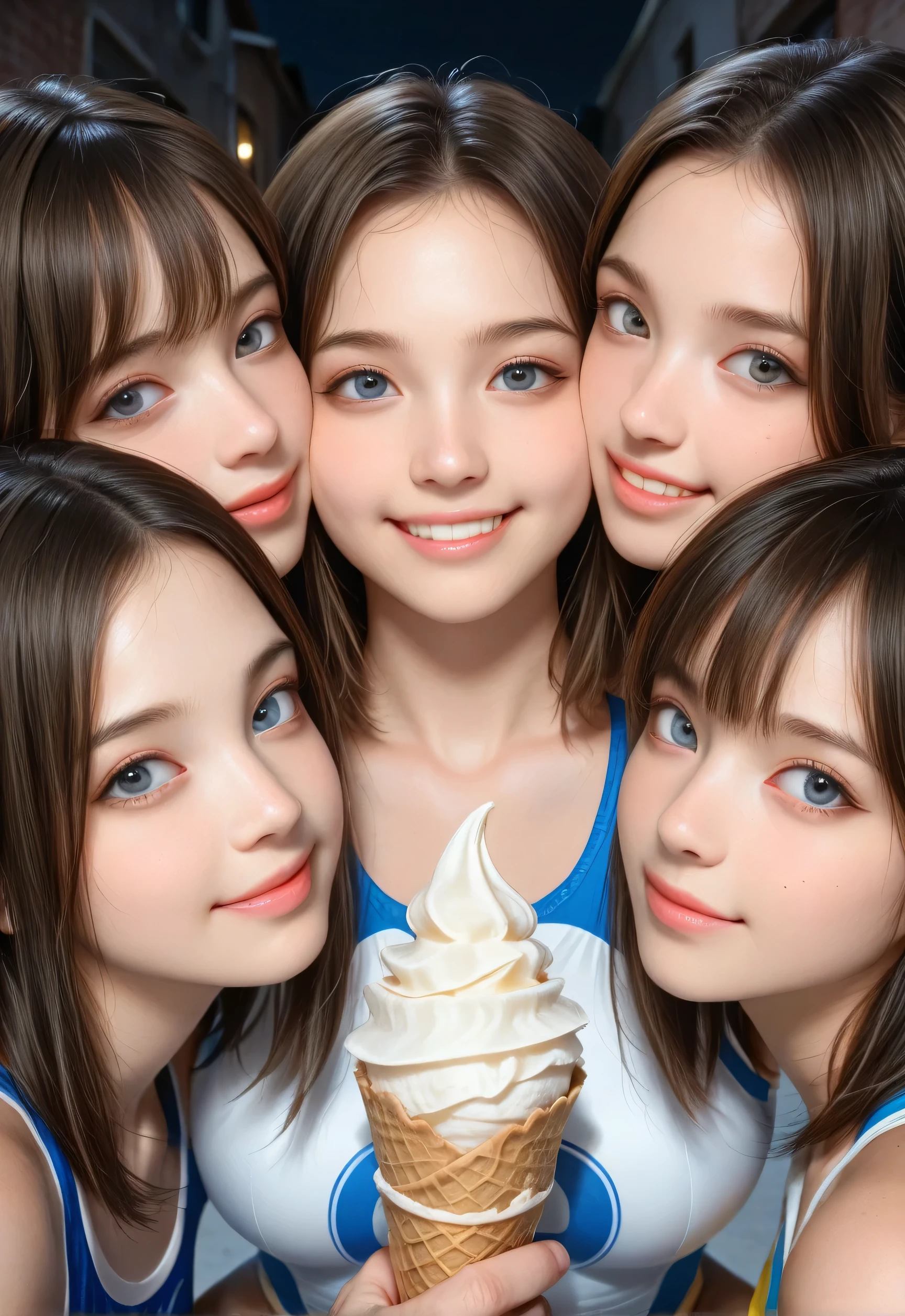 masterpiece, amazing quality, skin details, amazing quality, absurdres, detailed shadows,
(photorealistic:1.3), (realistic), face focus, close up face,
outdoor, dirty alley back, dark, dark background, late night,
detailed blue eyes, perfect eyes, realistic eyes, detailed face,
3girls, ((three face)), (((from below))) of 3 hot sweet innocent young European high school girls with blonde and brown hair, brookemonk, smiling, sexy, beautiful girl, innocent, very cute, (big and drooping eyes:1.3), (European:1.2), cheek to cheek, fingers on chest, beingmadetofeellike, Dgenmx, ((pov yellow long soft cream with cone)), squatting, ((wrestling outfit))