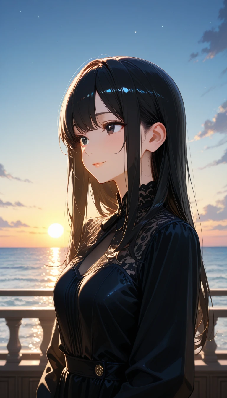 1girl, solo, wlop,
Black hair, gradient eyes, black cloak,  smile, 
beach, nighttime, 
masterpiece, best quality,