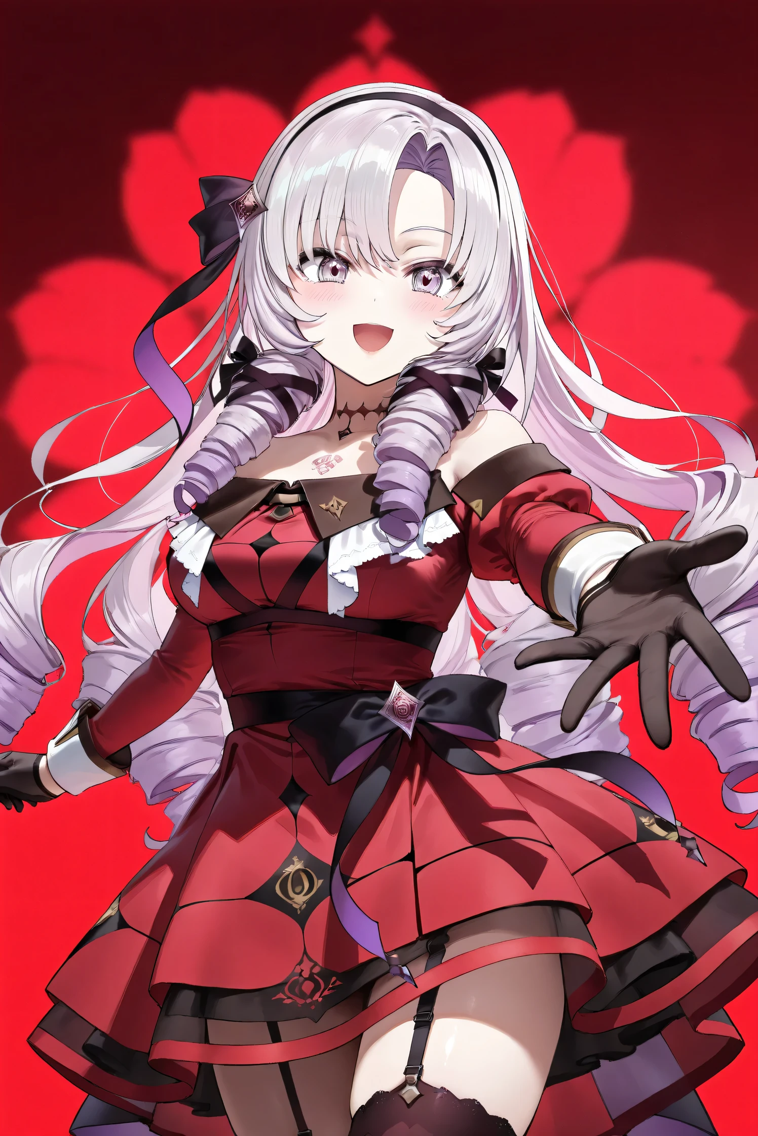(Masterpiece), (Highest quality), (Very detailed), 
(The best shape), (Best Shadow), (Absurd), 
(Detailed background), (So beautiful), (Shiny), 
(Extraordinary), (Countershading), (8k), (32K), 
(High resolution), (Very Detailed CG), (UHD),

(Score_9), (Score_8_up), (Score_7_up), 
(Source_anime), (Pastel painting:1.2), 
(Watercolor painting:1.2),(Masterpiece, Detailed:1.2), (Foreshortening:1.2),

(Cinematic), (Dramatic), (Depth of field:1.4),
(Blurry background:1.4), (Realistic background:1.4),
(Dynamic angle), (1 girl),

(rose red background), 

(nijisanji), (virtual youtuber), 
( Hyakumantenbara Sarome), 

nijisalome, , purple eyes, light purple hair, 
symbol-shaped pupils, neck tattoo,  tattoo, 
long hair, parted bangs, black hairband, hair ribbon, 

nijisalomecos, red dress, strapless dress, 
argyle pattern dress, long sleeves, juliet sleeves, 
off shoulder,  shoulders, black gloves, cloth belt, 
ribbon belt, see-through skirt, garter straps, 
black thighhighs, argyle pattern thighhighs, 

(cowboy shot), 
(Blush:1.3), (Happy), (Smile), (open mouth), 
(Realistic skin), (Shiny skin),
