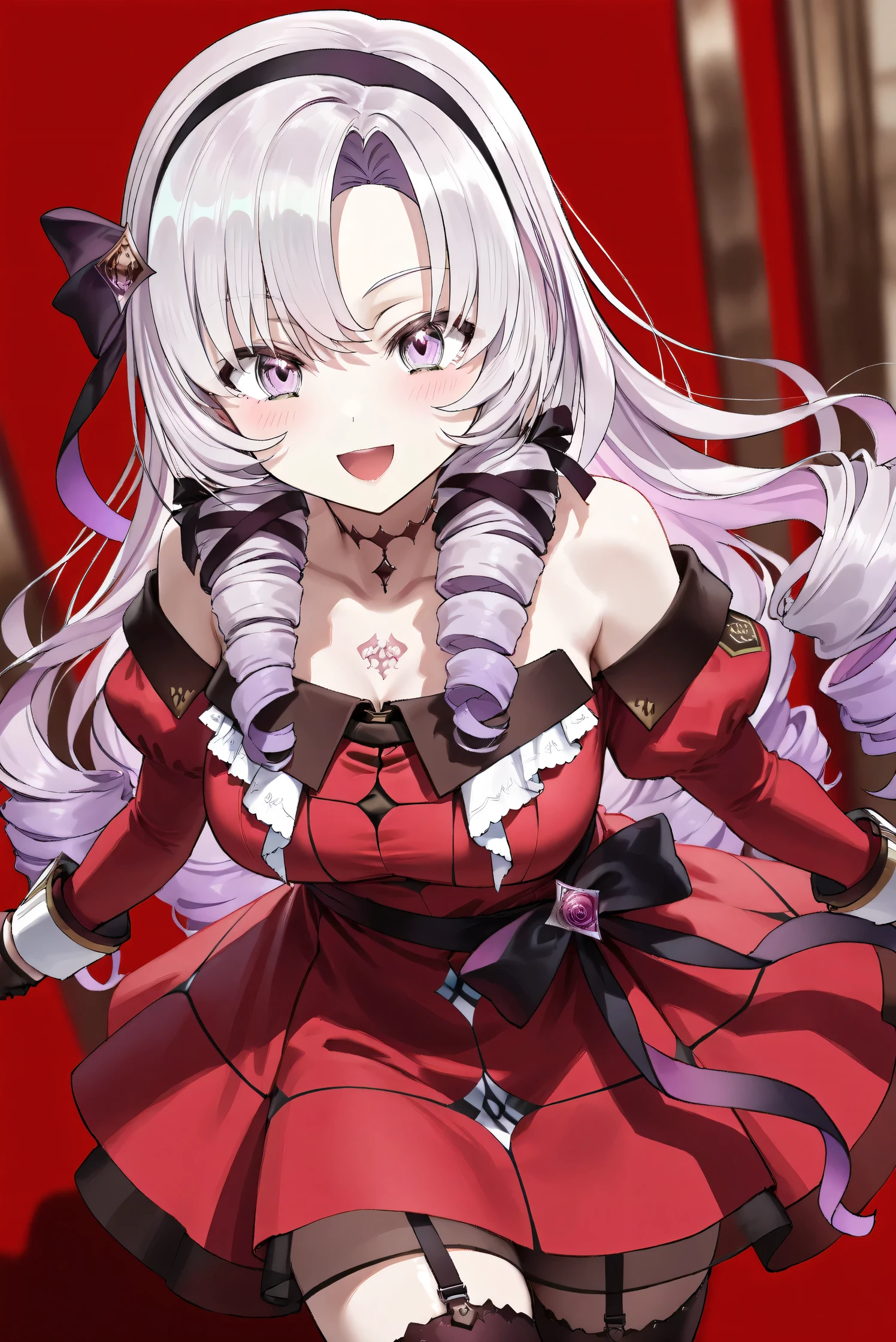 (Masterpiece), (Highest quality), (Very detailed), 
(The best shape), (Best Shadow), (Absurd), 
(Detailed background), (So beautiful), (Shiny), 
(Extraordinary), (Countershading), (8k), (32K), 
(High resolution), (Very Detailed CG), (UHD),

(Score_9), (Score_8_up), (Score_7_up), 
(Source_anime), (Pastel painting:1.2), 
(Watercolor painting:1.2),(Masterpiece, Detailed:1.2), (Foreshortening:1.2),

(Cinematic), (Dramatic), (Depth of field:1.4),
(Blurry background:1.4), (Realistic background:1.4),
(Dynamic angle), (1 girl),

(rose red background), 

(nijisanji), (virtual youtuber), 
( Hyakumantenbara Sarome), 

nijisalome, , purple eyes, light purple hair, 
symbol-shaped pupils, neck tattoo,  tattoo, 
long hair, parted bangs, black hairband, hair ribbon, 

nijisalomecos, red dress, strapless dress, 
argyle pattern dress, long sleeves, juliet sleeves, 
off shoulder,  shoulders, black gloves, cloth belt, 
ribbon belt, see-through skirt, garter straps, 
black thighhighs, argyle pattern thighhighs, 

(cowboy shot), 
(Blush:1.3), (Happy), (Smile), (open mouth), 
(Realistic skin), (Shiny skin),