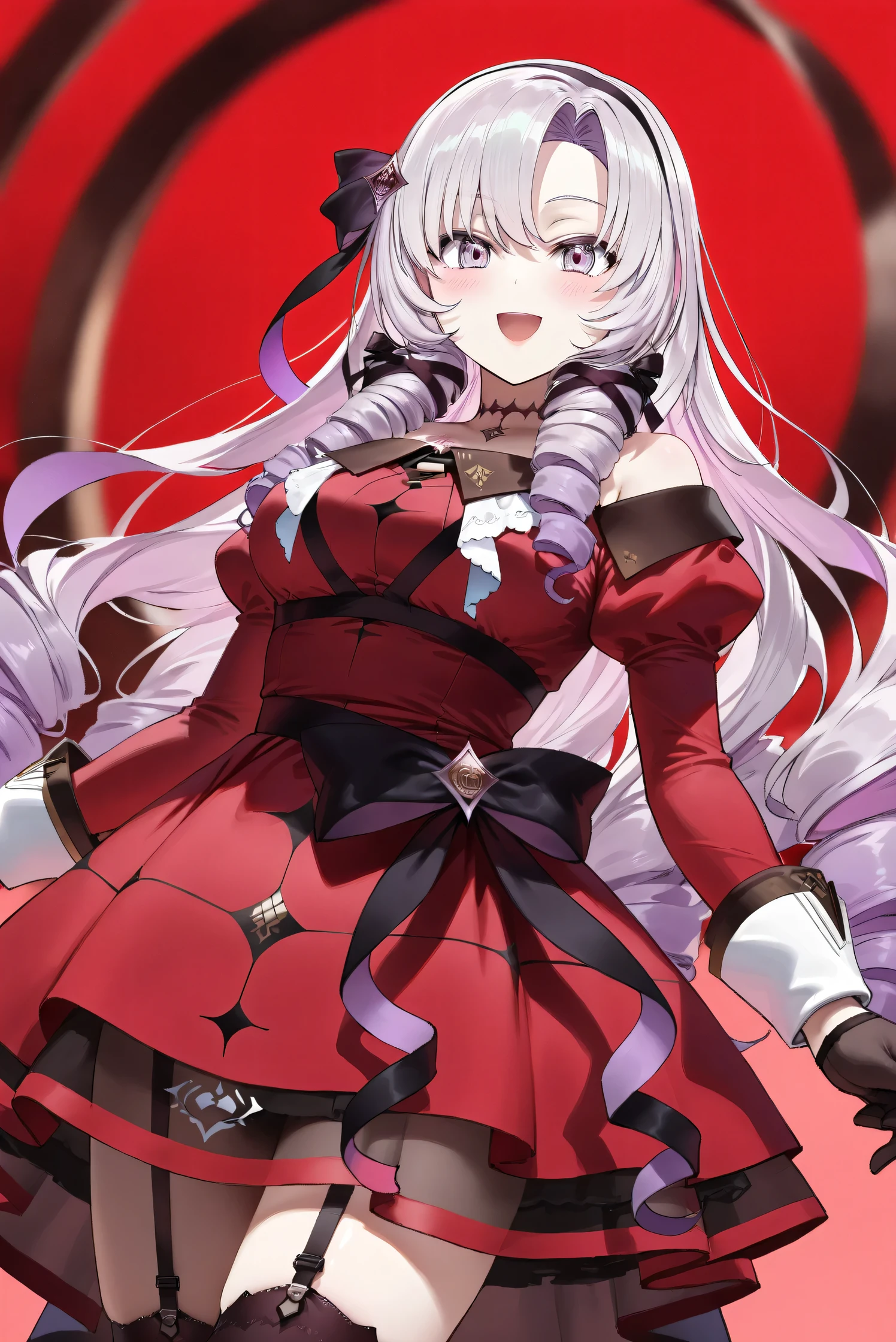 (Masterpiece), (Highest quality), (Very detailed), 
(The best shape), (Best Shadow), (Absurd), 
(Detailed background), (So beautiful), (Shiny), 
(Extraordinary), (Countershading), (8k), (32K), 
(High resolution), (Very Detailed CG), (UHD),

(Score_9), (Score_8_up), (Score_7_up), 
(Source_anime), (Pastel painting:1.2), 
(Watercolor painting:1.2),(Masterpiece, Detailed:1.2), (Foreshortening:1.2),

(Cinematic), (Dramatic), (Depth of field:1.4),
(Blurry background:1.4), (Realistic background:1.4),
(Dynamic angle), (1 girl),

(rose red background), 

(nijisanji), (virtual youtuber), 
( Hyakumantenbara Sarome), 

nijisalome, , purple eyes, light purple hair, 
symbol-shaped pupils, neck tattoo,  tattoo, 
long hair, parted bangs, black hairband, hair ribbon, 

nijisalomecos, red dress, strapless dress, 
argyle pattern dress, long sleeves, juliet sleeves, 
off shoulder,  shoulders, black gloves, cloth belt, 
ribbon belt, see-through skirt, garter straps, 
black thighhighs, argyle pattern thighhighs, 

(cowboy shot), 
(Blush:1.3), (Happy), (Smile), (open mouth), 
(Realistic skin), (Shiny skin),