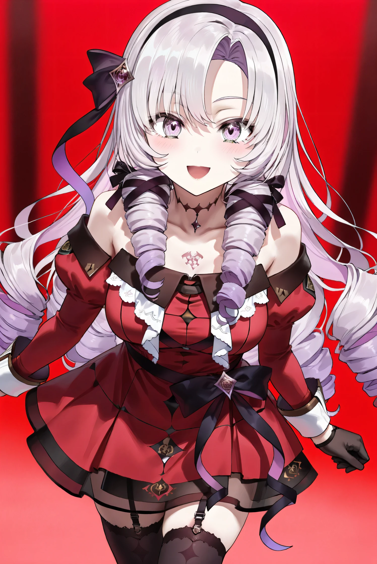 (Masterpiece), (Highest quality), (Very detailed), 
(The best shape), (Best Shadow), (Absurd), 
(Detailed background), (So beautiful), (Shiny), 
(Extraordinary), (Countershading), (8k), (32K), 
(High resolution), (Very Detailed CG), (UHD),

(Score_9), (Score_8_up), (Score_7_up), 
(Source_anime), (Pastel painting:1.2), 
(Watercolor painting:1.2),(Masterpiece, Detailed:1.2), (Foreshortening:1.2),

(Cinematic), (Dramatic), (Depth of field:1.4),
(Blurry background:1.4), (Realistic background:1.4),
(Dynamic angle), (1 girl),

(rose red background), 

(nijisanji), (virtual youtuber), 
( Hyakumantenbara Sarome), 

nijisalome, , purple eyes, light purple hair, 
symbol-shaped pupils, neck tattoo,  tattoo, 
long hair, parted bangs, black hairband, hair ribbon, 

nijisalomecos, red dress, strapless dress, 
argyle pattern dress, long sleeves, juliet sleeves, 
off shoulder,  shoulders, black gloves, cloth belt, 
ribbon belt, see-through skirt, garter straps, 
black thighhighs, argyle pattern thighhighs, 

(cowboy shot), 
(Blush:1.3), (Happy), (Smile), (open mouth), 
(Realistic skin), (Shiny skin),