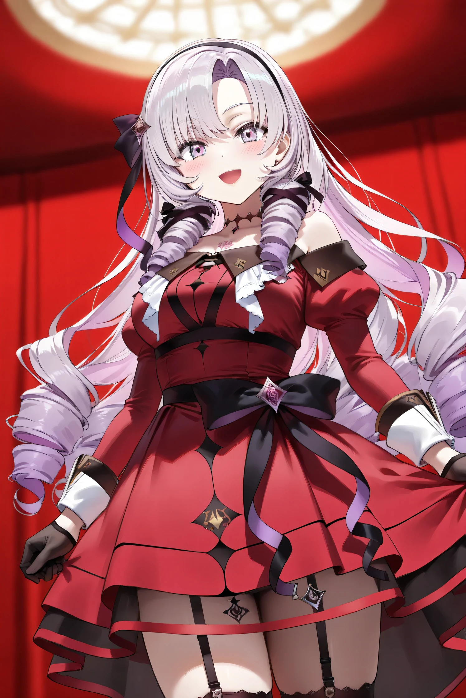 (Masterpiece), (Highest quality), (Very detailed), 
(The best shape), (Best Shadow), (Absurd), 
(Detailed background), (So beautiful), (Shiny), 
(Extraordinary), (Countershading), (8k), (32K), 
(High resolution), (Very Detailed CG), (UHD),

(Score_9), (Score_8_up), (Score_7_up), 
(Source_anime), (Pastel painting:1.2), 
(Watercolor painting:1.2),(Masterpiece, Detailed:1.2), (Foreshortening:1.2),

(Cinematic), (Dramatic), (Depth of field:1.4),
(Blurry background:1.4), (Realistic background:1.4),
(Dynamic angle), (1 girl),

(rose red background), 

(nijisanji), (virtual youtuber), 
( Hyakumantenbara Sarome), 

nijisalome, , purple eyes, light purple hair, 
symbol-shaped pupils, neck tattoo,  tattoo, 
long hair, parted bangs, black hairband, hair ribbon, 

nijisalomecos, red dress, strapless dress, 
argyle pattern dress, long sleeves, juliet sleeves, 
off shoulder,  shoulders, black gloves, cloth belt, 
ribbon belt, see-through skirt, garter straps, 
black thighhighs, argyle pattern thighhighs, 

(cowboy shot), 
(Blush:1.3), (Happy), (Smile), (open mouth), 
(Realistic skin), (Shiny skin),