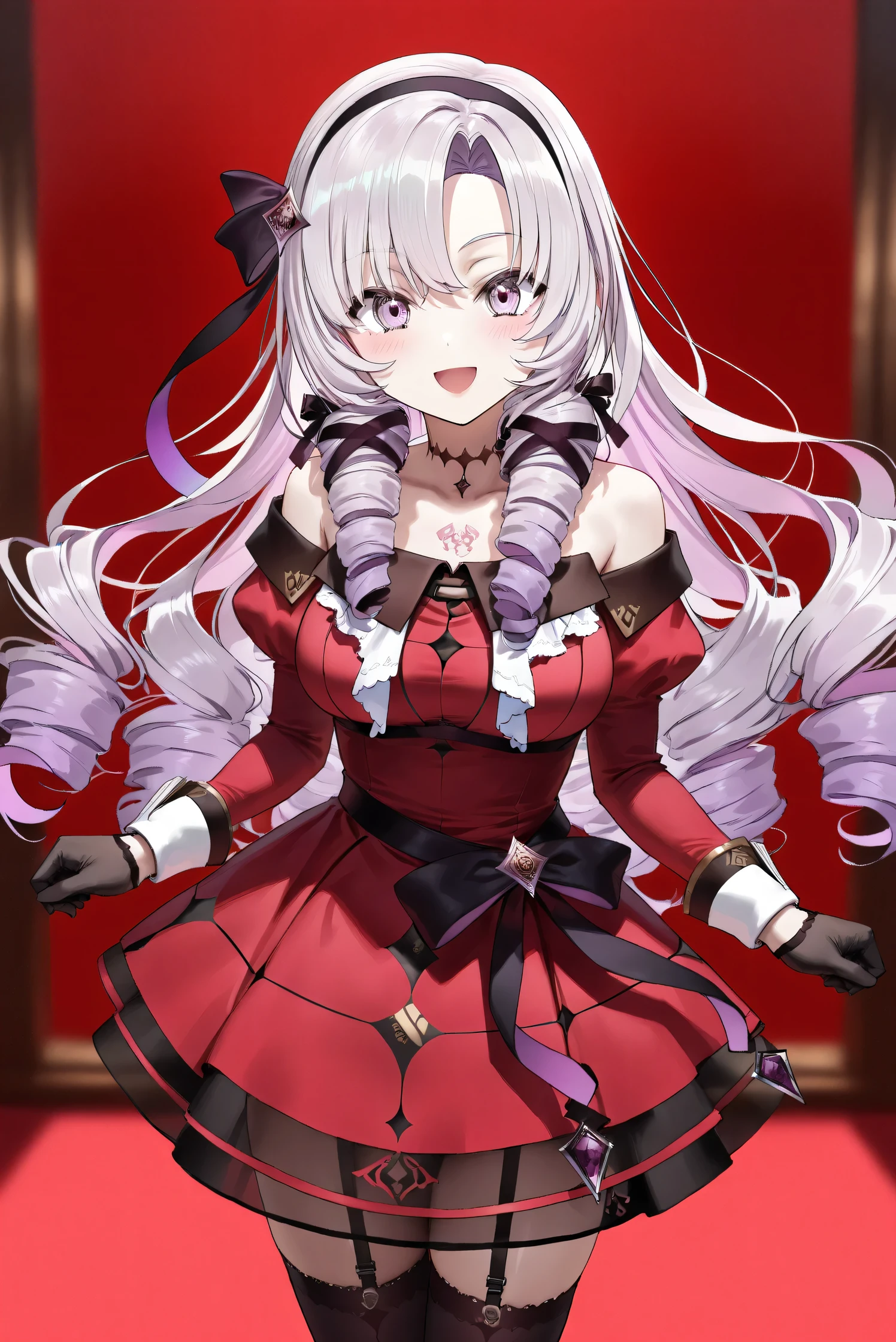 (Masterpiece), (Highest quality), (Very detailed), 
(The best shape), (Best Shadow), (Absurd), 
(Detailed background), (So beautiful), (Shiny), 
(Extraordinary), (Countershading), (8k), (32K), 
(High resolution), (Very Detailed CG), (UHD),

(Score_9), (Score_8_up), (Score_7_up), 
(Source_anime), (Pastel painting:1.2), 
(Watercolor painting:1.2),(Masterpiece, Detailed:1.2), (Foreshortening:1.2),

(Cinematic), (Dramatic), (Depth of field:1.4),
(Blurry background:1.4), (Realistic background:1.4),
(Dynamic angle), (1 girl),

(rose red background), 

(nijisanji), (virtual youtuber), 
( Hyakumantenbara Sarome), 

nijisalome, , purple eyes, light purple hair, 
symbol-shaped pupils, neck tattoo,  tattoo, 
long hair, parted bangs, black hairband, hair ribbon, 

nijisalomecos, red dress, strapless dress, 
argyle pattern dress, long sleeves, juliet sleeves, 
off shoulder,  shoulders, black gloves, cloth belt, 
ribbon belt, see-through skirt, garter straps, 
black thighhighs, argyle pattern thighhighs, 

(cowboy shot), 
(Blush:1.3), (Happy), (Smile), (open mouth), 
(Realistic skin), (Shiny skin),