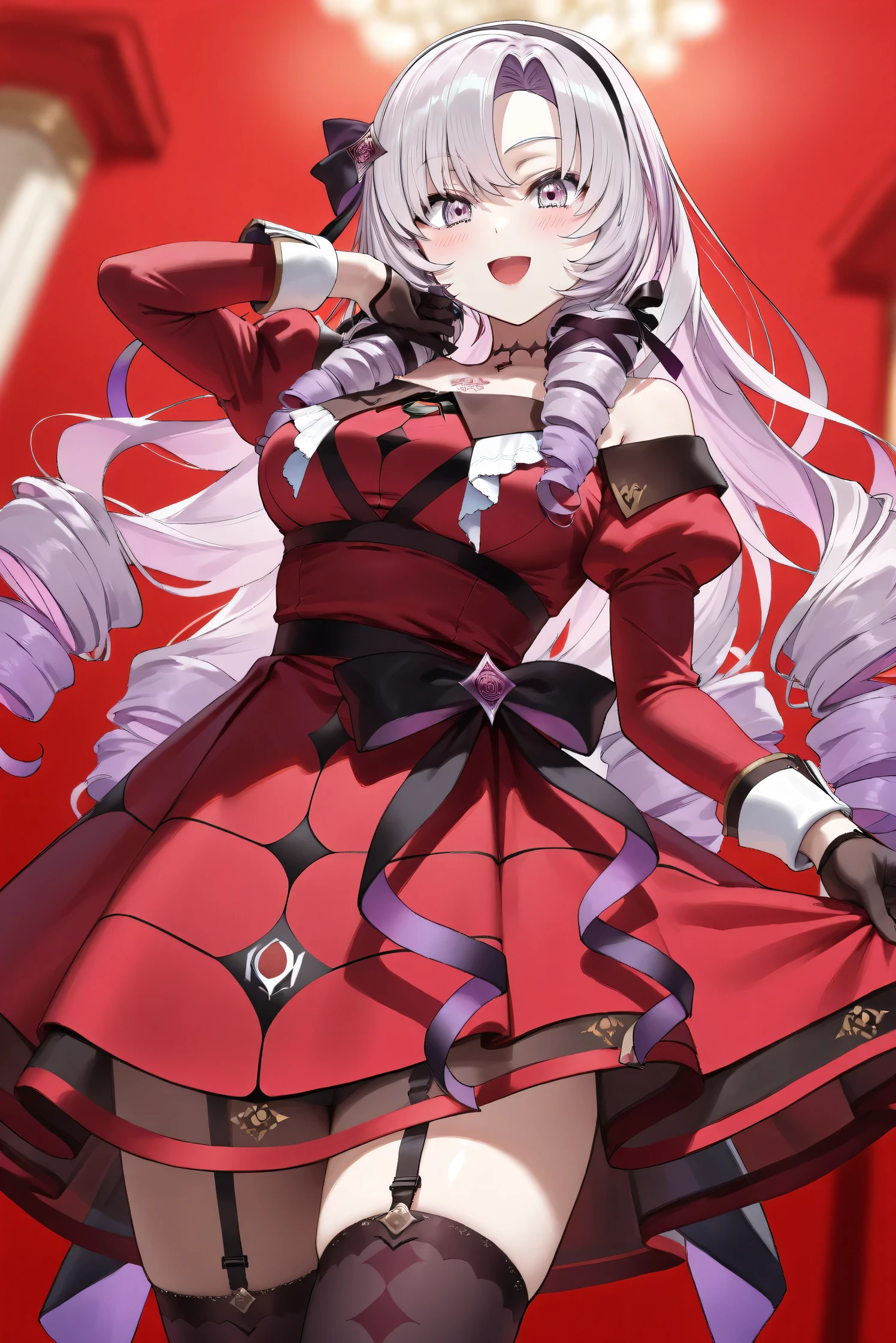 (Masterpiece), (Highest quality), (Very detailed), 
(The best shape), (Best Shadow), (Absurd), 
(Detailed background), (So beautiful), (Shiny), 
(Extraordinary), (Countershading), (8k), (32K), 
(High resolution), (Very Detailed CG), (UHD),

(Score_9), (Score_8_up), (Score_7_up), 
(Source_anime), (Pastel painting:1.2), 
(Watercolor painting:1.2),(Masterpiece, Detailed:1.2), (Foreshortening:1.2),

(Cinematic), (Dramatic), (Depth of field:1.4),
(Blurry background:1.4), (Realistic background:1.4),
(Dynamic angle), (1 girl),

(rose red background), 

(nijisanji), (virtual youtuber), 
( Hyakumantenbara Sarome), 

nijisalome, , purple eyes, light purple hair, 
symbol-shaped pupils, neck tattoo,  tattoo, 
long hair, parted bangs, black hairband, hair ribbon, 

nijisalomecos, red dress, strapless dress, 
argyle pattern dress, long sleeves, juliet sleeves, 
off shoulder,  shoulders, black gloves, cloth belt, 
ribbon belt, see-through skirt, garter straps, 
black thighhighs, argyle pattern thighhighs, 

(cowboy shot), 
(Blush:1.3), (Happy), (Smile), (open mouth), 
(Realistic skin), (Shiny skin),