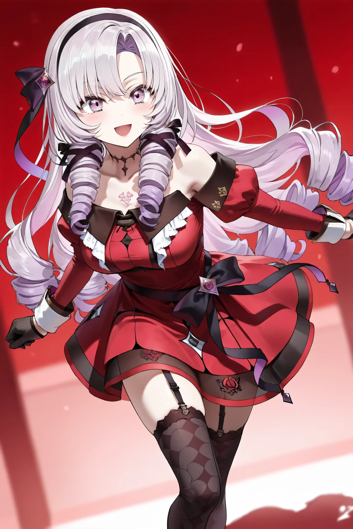 (Masterpiece), (Highest quality), (Very detailed), 
(The best shape), (Best Shadow), (Absurd), 
(Detailed background), (So beautiful), (Shiny), 
(Extraordinary), (Countershading), (8k), (32K), 
(High resolution), (Very Detailed CG), (UHD),

(Score_9), (Score_8_up), (Score_7_up), 
(Source_anime), (Pastel painting:1.2), 
(Watercolor painting:1.2),(Masterpiece, Detailed:1.2), (Foreshortening:1.2),

(Cinematic), (Dramatic), (Depth of field:1.4),
(Blurry background:1.4), (Realistic background:1.4),
(Dynamic angle), (1 girl),

(rose red background), 

(nijisanji), (virtual youtuber), 
( Hyakumantenbara Sarome), 

nijisalome, , purple eyes, light purple hair, 
symbol-shaped pupils, neck tattoo,  tattoo, 
long hair, parted bangs, black hairband, hair ribbon, 

nijisalomecos, red dress, strapless dress, 
argyle pattern dress, long sleeves, juliet sleeves, 
off shoulder,  shoulders, black gloves, cloth belt, 
ribbon belt, see-through skirt, garter straps, 
black thighhighs, argyle pattern thighhighs, 

(portrait), 
(Blush:1.3), (Happy), (Smile), (open mouth), 
(Realistic skin), (Shiny skin),