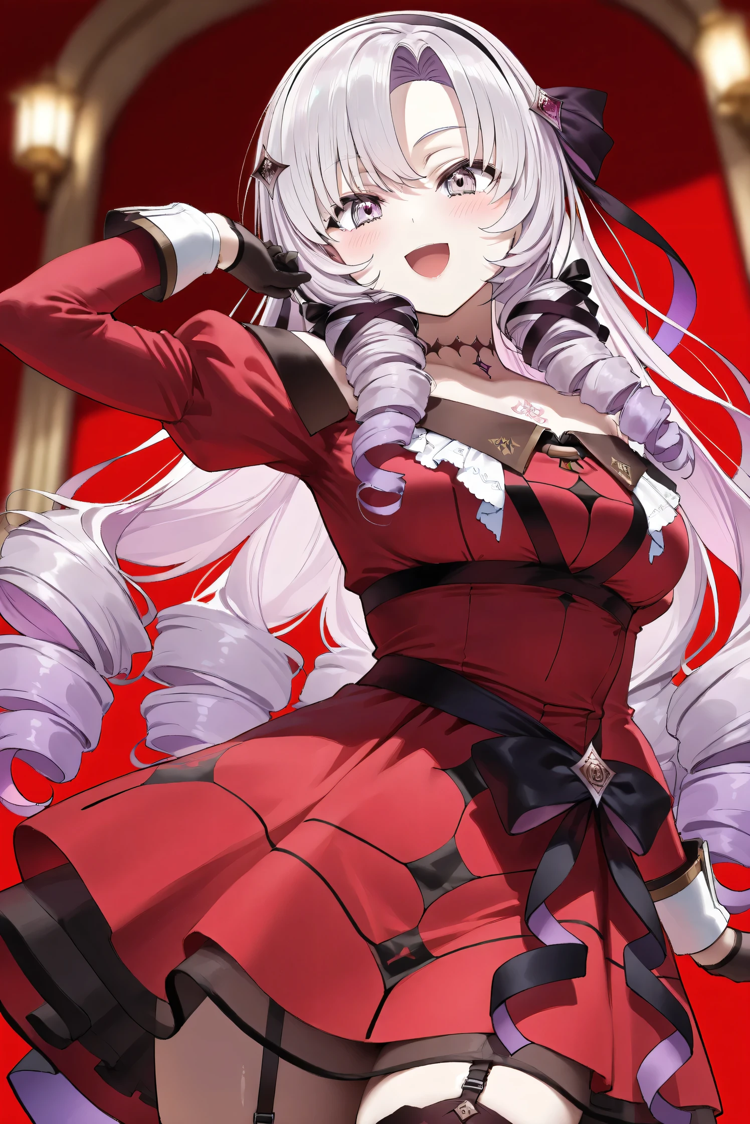 (Masterpiece), (Highest quality), (Very detailed), 
(The best shape), (Best Shadow), (Absurd), 
(Detailed background), (So beautiful), (Shiny), 
(Extraordinary), (Countershading), (8k), (32K), 
(High resolution), (Very Detailed CG), (UHD),

(Score_9), (Score_8_up), (Score_7_up), 
(Source_anime), (Pastel painting:1.2), 
(Watercolor painting:1.2),(Masterpiece, Detailed:1.2), (Foreshortening:1.2),

(Cinematic), (Dramatic), (Depth of field:1.4),
(Blurry background:1.4), (Realistic background:1.4),
(Dynamic angle), (1 girl),

(rose red background), 

(nijisanji), (virtual youtuber), 
( Hyakumantenbara Sarome), 

nijisalome, , purple eyes, light purple hair, 
symbol-shaped pupils, neck tattoo,  tattoo, 
long hair, parted bangs, black hairband, hair ribbon, 

nijisalomecos, red dress, strapless dress, 
argyle pattern dress, long sleeves, juliet sleeves, 
off shoulder,  shoulders, black gloves, cloth belt, 
ribbon belt, see-through skirt, garter straps, 
black thighhighs, argyle pattern thighhighs, 

(portrait), 
(Blush:1.3), (Happy), (Smile), (open mouth), 
(Realistic skin), (Shiny skin),