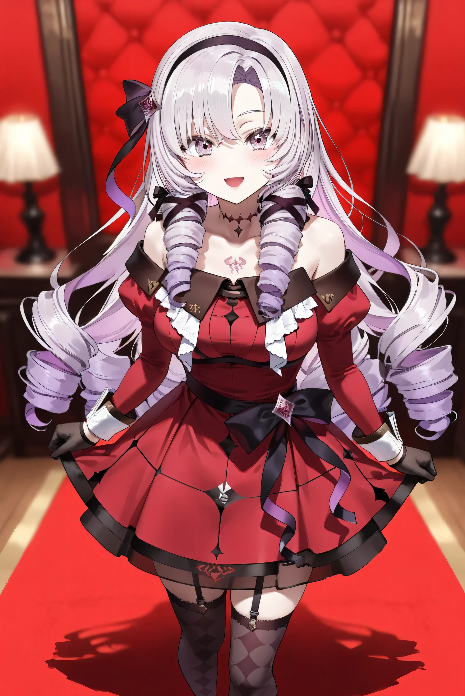 (Masterpiece), (Highest quality), (Very detailed), 
(The best shape), (Best Shadow), (Absurd), 
(Detailed background), (So beautiful), (Shiny), 
(Extraordinary), (Countershading), (8k), (32K), 
(High resolution), (Very Detailed CG), (UHD),

(Score_9), (Score_8_up), (Score_7_up), 
(Source_anime), (Pastel painting:1.2), 
(Watercolor painting:1.2),(Masterpiece, Detailed:1.2), (Foreshortening:1.2),

(Cinematic), (Dramatic), (Depth of field:1.4),
(Blurry background:1.4), (Realistic background:1.4),
(Dynamic angle), (1 girl),

(rose red background), 

(nijisanji), (virtual youtuber), 
( Hyakumantenbara Sarome), 

nijisalome, , purple eyes, light purple hair, 
symbol-shaped pupils, neck tattoo,  tattoo, 
long hair, parted bangs, black hairband, hair ribbon, 

nijisalomecos, red dress, strapless dress, 
argyle pattern dress, long sleeves, juliet sleeves, 
off shoulder,  shoulders, black gloves, cloth belt, 
ribbon belt, see-through skirt, garter straps, 
black thighhighs, argyle pattern thighhighs, 

(portrait), 
(Blush:1.3), (Happy), (Smile), (open mouth), 
(Realistic skin), (Shiny skin),