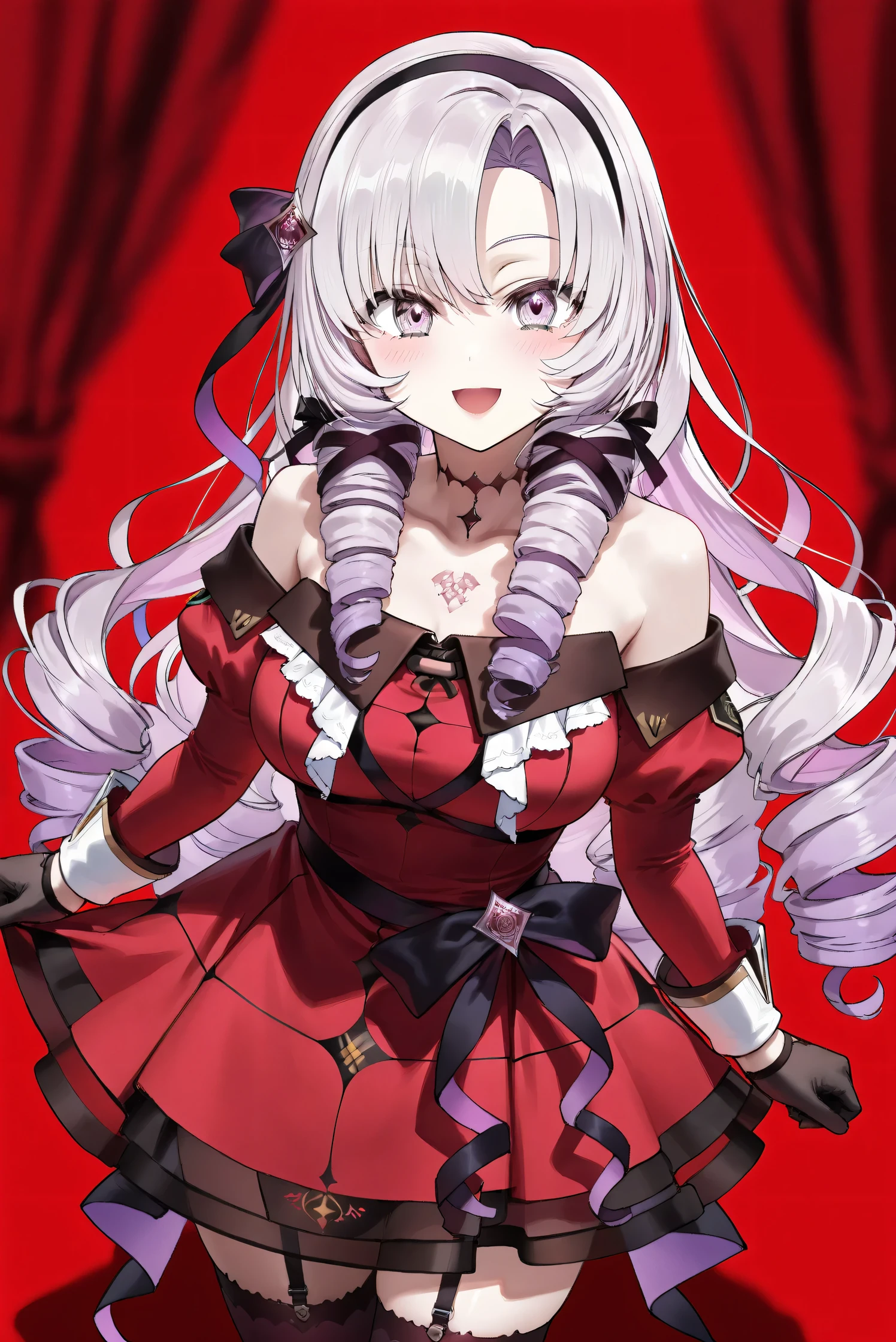 (Masterpiece), (Highest quality), (Very detailed), 
(The best shape), (Best Shadow), (Absurd), 
(Detailed background), (So beautiful), (Shiny), 
(Extraordinary), (Countershading), (8k), (32K), 
(High resolution), (Very Detailed CG), (UHD),

(Score_9), (Score_8_up), (Score_7_up), 
(Source_anime), (Pastel painting:1.2), 
(Watercolor painting:1.2),(Masterpiece, Detailed:1.2), (Foreshortening:1.2),

(Cinematic), (Dramatic), (Depth of field:1.4),
(Blurry background:1.4), (Realistic background:1.4),
(Dynamic angle), (1 girl),

(rose red background), 

(nijisanji), (virtual youtuber), 
( Hyakumantenbara Sarome), 

nijisalome, , purple eyes, light purple hair, 
symbol-shaped pupils, neck tattoo,  tattoo, 
long hair, parted bangs, black hairband, hair ribbon, 

nijisalomecos, red dress, strapless dress, 
argyle pattern dress, long sleeves, juliet sleeves, 
off shoulder,  shoulders, black gloves, cloth belt, 
ribbon belt, see-through skirt, garter straps, 
black thighhighs, argyle pattern thighhighs, 

(portrait), 
(Blush:1.3), (Happy), (Smile), (open mouth), 
(Realistic skin), (Shiny skin),