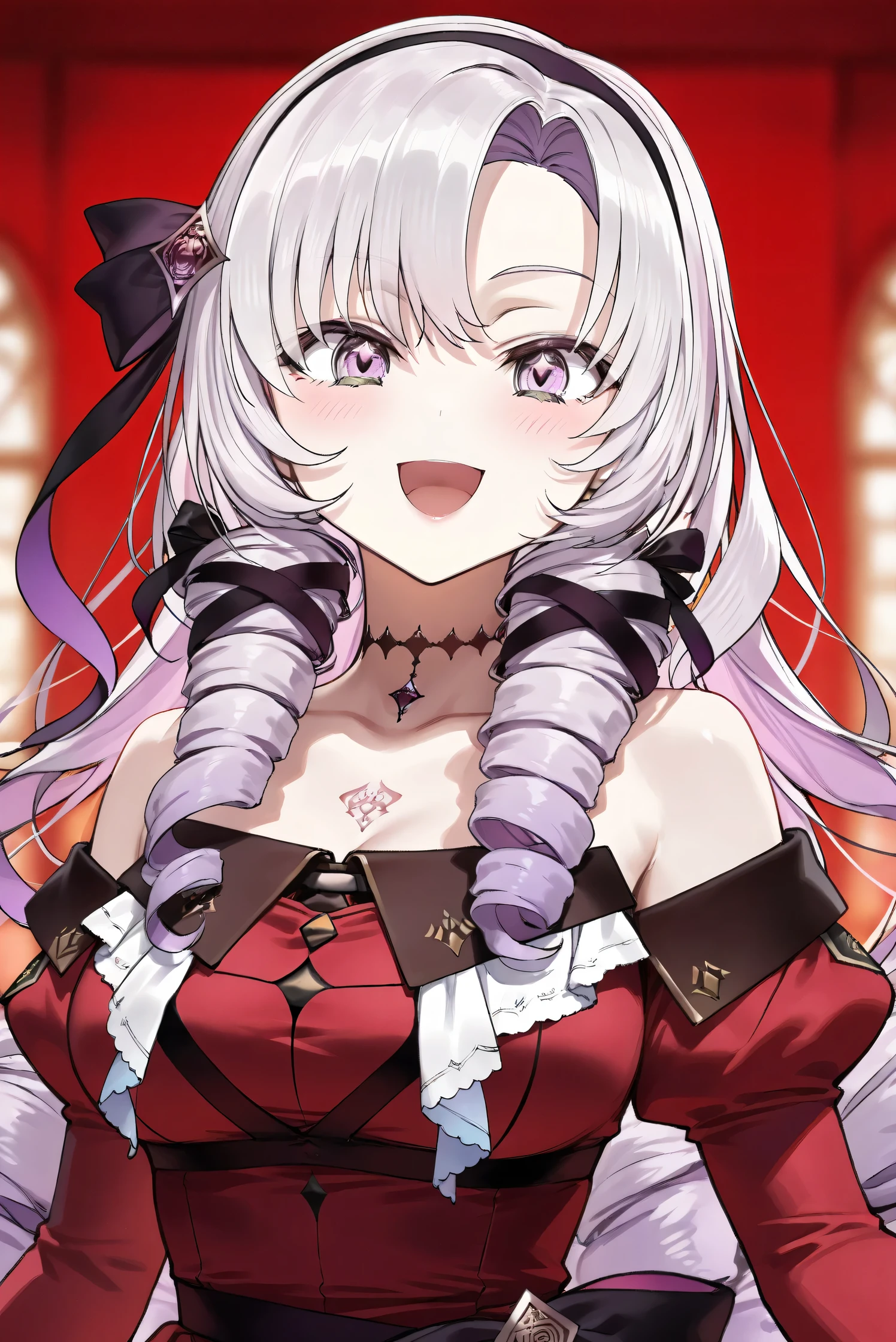 (Masterpiece), (Highest quality), (Very detailed), 
(The best shape), (Best Shadow), (Absurd), 
(Detailed background), (So beautiful), (Shiny), 
(Extraordinary), (Countershading), (8k), (32K), 
(High resolution), (Very Detailed CG), (UHD),

(Score_9), (Score_8_up), (Score_7_up), 
(Source_anime), (Pastel painting:1.2), 
(Watercolor painting:1.2),(Masterpiece, Detailed:1.2), (Foreshortening:1.2),

(Cinematic), (Dramatic), (Depth of field:1.4),
(Blurry background:1.4), (Realistic background:1.4),
(Dynamic angle), (1 girl),

(rose red background), 

(nijisanji), (virtual youtuber), 
( Hyakumantenbara Sarome), 

nijisalome, , purple eyes, light purple hair, 
symbol-shaped pupils, neck tattoo,  tattoo, 
long hair, parted bangs, black hairband, hair ribbon, 

nijisalomecos, red dress, strapless dress, 
argyle pattern dress, long sleeves, juliet sleeves, 
off shoulder,  shoulders, black gloves, cloth belt, 
ribbon belt, see-through skirt, garter straps, 
black thighhighs, argyle pattern thighhighs, 

(portrait), 
(Blush:1.3), (Happy), (Smile), (open mouth), 
(Realistic skin), (Shiny skin),