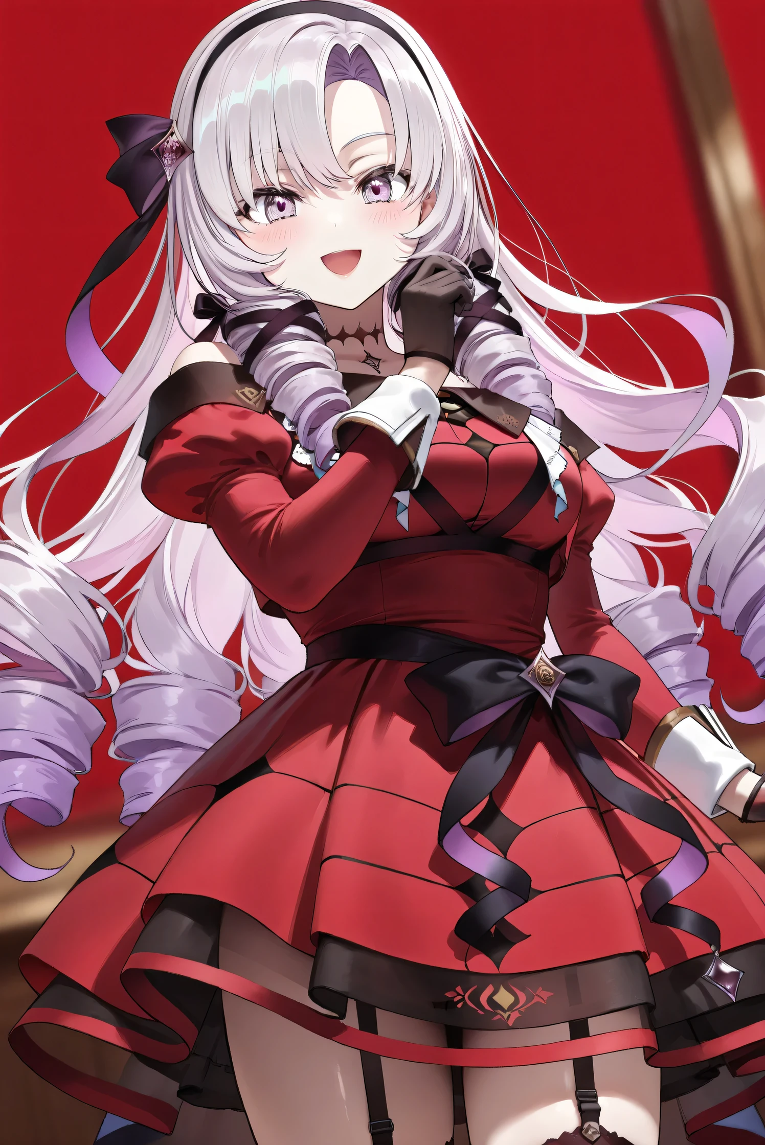 (Masterpiece), (Highest quality), (Very detailed), 
(The best shape), (Best Shadow), (Absurd), 
(Detailed background), (So beautiful), (Shiny), 
(Extraordinary), (Countershading), (8k), (32K), 
(High resolution), (Very Detailed CG), (UHD),

(Score_9), (Score_8_up), (Score_7_up), 
(Source_anime), (Pastel painting:1.2), 
(Watercolor painting:1.2),(Masterpiece, Detailed:1.2), (Foreshortening:1.2),

(Cinematic), (Dramatic), (Depth of field:1.4),
(Blurry background:1.4), (Realistic background:1.4),
(Dynamic angle), (1 girl),

(rose red background), 

(nijisanji), (virtual youtuber), 
( Hyakumantenbara Sarome), 

nijisalome, , purple eyes, light purple hair, 
symbol-shaped pupils, neck tattoo,  tattoo, 
long hair, parted bangs, black hairband, hair ribbon, 

nijisalomecos, red dress, strapless dress, 
argyle pattern dress, long sleeves, juliet sleeves, 
off shoulder,  shoulders, black gloves, cloth belt, 
ribbon belt, see-through skirt, garter straps, 
black thighhighs, argyle pattern thighhighs, 

(portrait), 
(Blush:1.3), (Happy), (Smile), (open mouth), 
(Realistic skin), (Shiny skin),
