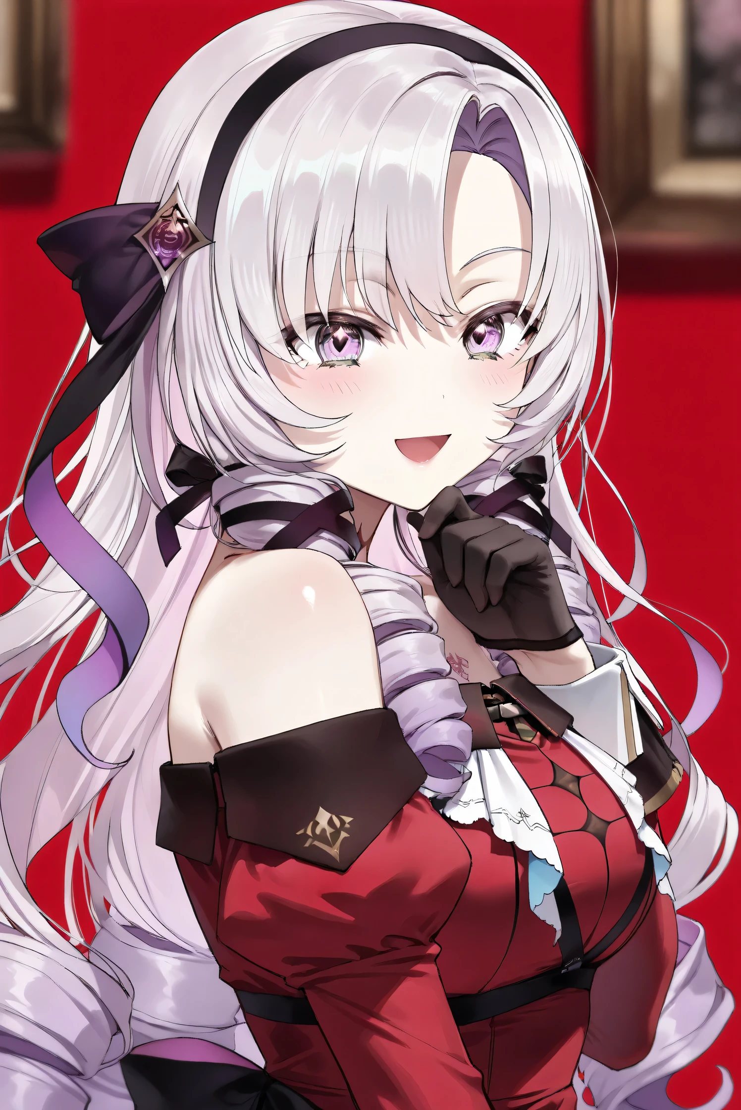 (Masterpiece), (Highest quality), (Very detailed), 
(The best shape), (Best Shadow), (Absurd), 
(Detailed background), (So beautiful), (Shiny), 
(Extraordinary), (Countershading), (8k), (32K), 
(High resolution), (Very Detailed CG), (UHD),

(Score_9), (Score_8_up), (Score_7_up), 
(Source_anime), (Pastel painting:1.2), 
(Watercolor painting:1.2),(Masterpiece, Detailed:1.2), (Foreshortening:1.2),

(Cinematic), (Dramatic), (Depth of field:1.4),
(Blurry background:1.4), (Realistic background:1.4),
(Dynamic angle), (1 girl),

(rose red background), 

(nijisanji), (virtual youtuber), 
(Hyakumantenbara Sarome), 

nijisalome, , purple eyes, light purple hair, 
symbol-shaped pupils, neck tattoo,  tattoo, 
long hair, parted bangs, black hairband, hair ribbon, 

nijisalomecos, red dress, strapless dress, 
argyle pattern dress, long sleeves, juliet sleeves, 
off shoulder,  shoulders, black gloves, 

(portrait), (from side),
(Blush:1.3), (Happy), (Smile), (open mouth), 
(Realistic skin), (Shiny skin),