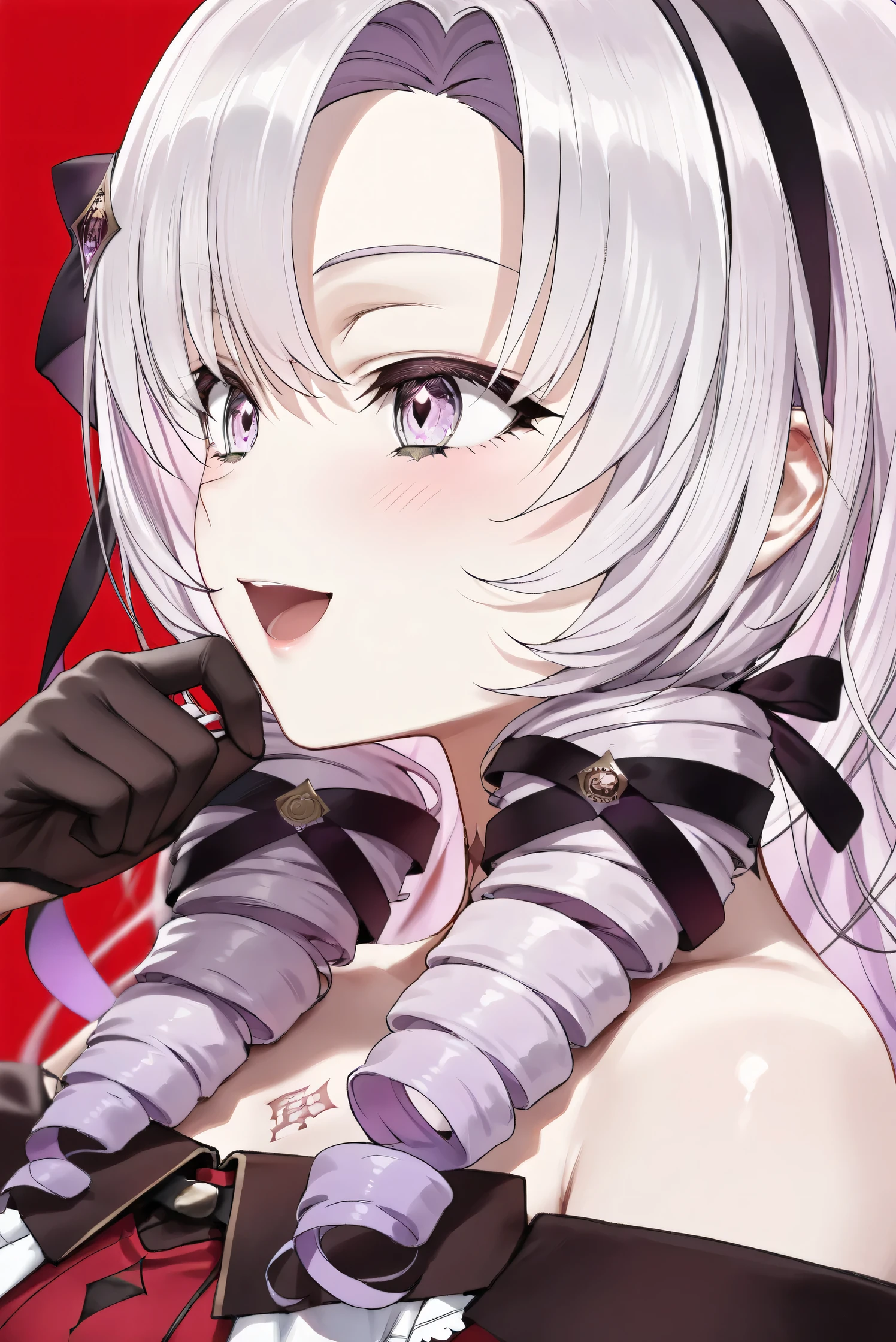 (Masterpiece), (Highest quality), (Very detailed), 
(The best shape), (Best Shadow), (Absurd), 
(Detailed background), (So beautiful), (Shiny), 
(Extraordinary), (Countershading), (8k), (32K), 
(High resolution), (Very Detailed CG), (UHD),

(Score_9), (Score_8_up), (Score_7_up), 
(Source_anime), (Pastel painting:1.2), 
(Watercolor painting:1.2),(Masterpiece, Detailed:1.2), (Foreshortening:1.2),

(Cinematic), (Dramatic), (Depth of field:1.4),
(Blurry background:1.4), (Realistic background:1.4),
(Dynamic angle), (1 girl),

(rose red background), 

(nijisanji), (virtual youtuber), 
(Hyakumantenbara Sarome), 

nijisalome, , purple eyes, light purple hair, 
symbol-shaped pupils, neck tattoo,  tattoo, 
long hair, parted bangs, black hairband, hair ribbon, 

nijisalomecos, red dress, strapless dress, 
argyle pattern dress, long sleeves, juliet sleeves, 
off shoulder,  shoulders, black gloves, 

(portrait), (from side),
(Blush:1.3), (Happy), (Smile), (open mouth), 
(Realistic skin), (Shiny skin),