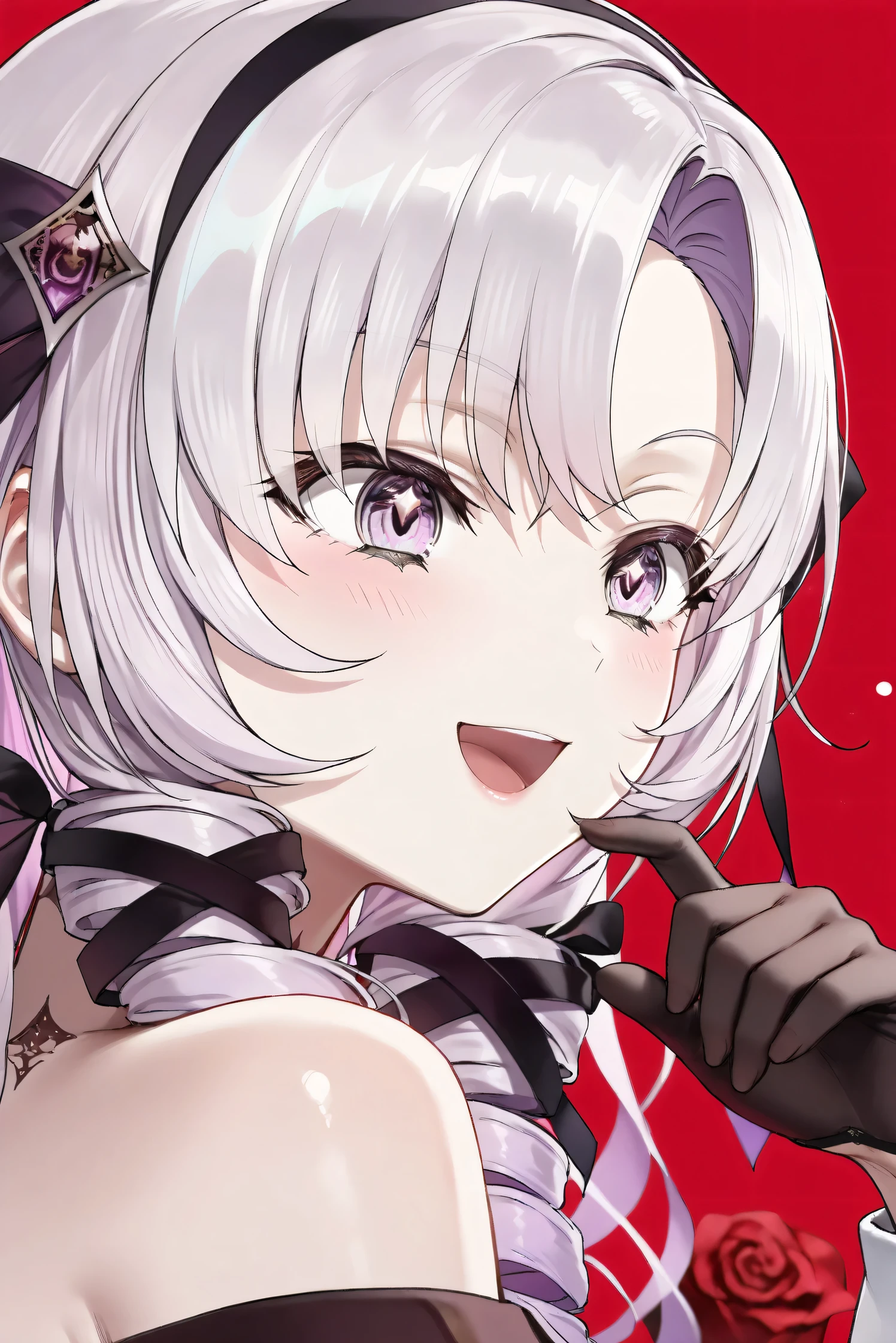 (Masterpiece), (Highest quality), (Very detailed), 
(The best shape), (Best Shadow), (Absurd), 
(Detailed background), (So beautiful), (Shiny), 
(Extraordinary), (Countershading), (8k), (32K), 
(High resolution), (Very Detailed CG), (UHD),

(Score_9), (Score_8_up), (Score_7_up), 
(Source_anime), (Pastel painting:1.2), 
(Watercolor painting:1.2),(Masterpiece, Detailed:1.2), (Foreshortening:1.2),

(Cinematic), (Dramatic), (Depth of field:1.4),
(Blurry background:1.4), (Realistic background:1.4),
(Dynamic angle), (1 girl),

(rose red background), 

(nijisanji), (virtual youtuber), 
(Hyakumantenbara Sarome), 

nijisalome, , purple eyes, light purple hair, 
symbol-shaped pupils, neck tattoo,  tattoo, 
long hair, parted bangs, black hairband, hair ribbon, 

nijisalomecos, red dress, strapless dress, 
argyle pattern dress, long sleeves, juliet sleeves, 
off shoulder,  shoulders, black gloves, 

(portrait), (from side),
(Blush:1.3), (Happy), (Smile), (open mouth), 
(Realistic skin), (Shiny skin),