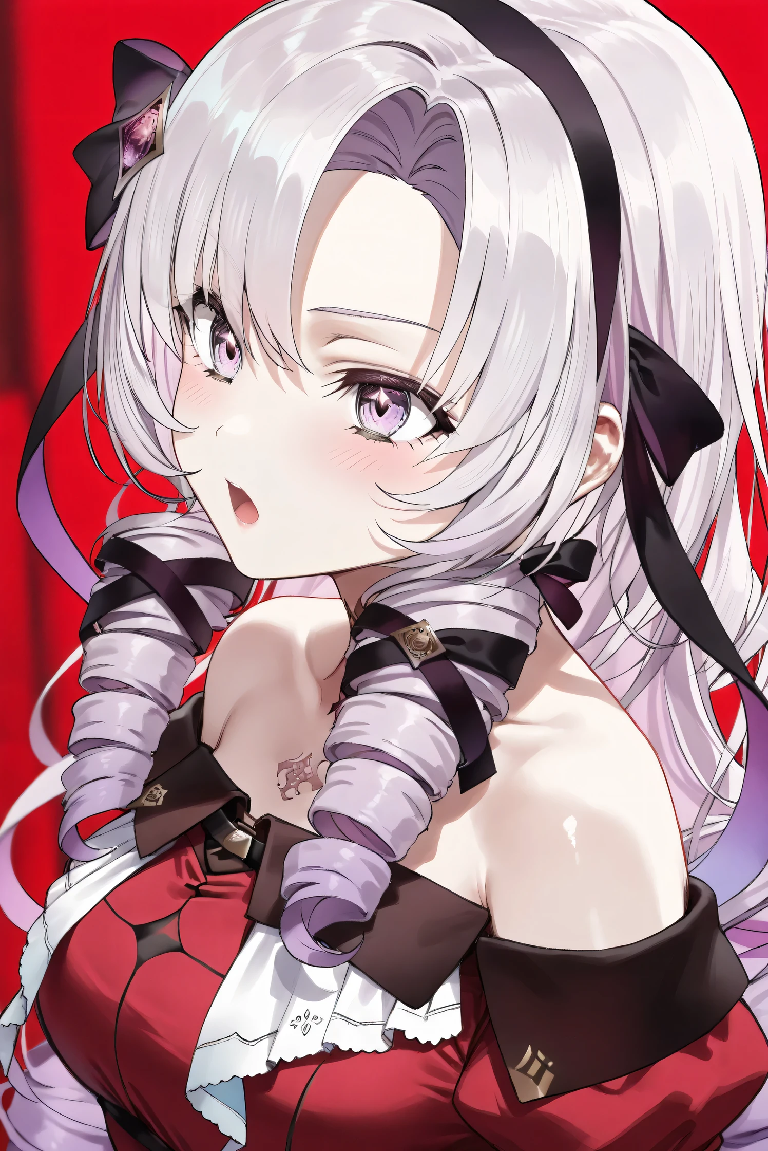 (Masterpiece), (Highest quality), (Very detailed), 
(The best shape), (Best Shadow), (Absurd), 
(Detailed background), (So beautiful), (Shiny), 
(Extraordinary), (Countershading), (8k), (32K), 
(High resolution), (Very Detailed CG), (UHD),

(Score_9), (Score_8_up), (Score_7_up), 
(Source_anime), (Pastel painting:1.2), 
(Watercolor painting:1.2),(Masterpiece, Detailed:1.2), (Foreshortening:1.2),

(Cinematic), (Dramatic), (Depth of field:1.4),
(Blurry background:1.4), (Realistic background:1.4),
(Dynamic angle), (1 girl),

(rose red background), 

(nijisanji), (virtual youtuber), 
(Hyakumantenbara Sarome), 

nijisalome, , purple eyes, light purple hair, 
symbol-shaped pupils, neck tattoo,  tattoo, 
long hair, parted bangs, black hairband, hair ribbon, 

nijisalomecos, red dress, strapless dress, 
argyle pattern dress, long sleeves, juliet sleeves, 
off shoulder,  shoulders, black gloves, 

(portrait), (from side),
(Blush:1.3), (Serious expression), (open mouth), 
(Realistic skin), (Shiny skin),