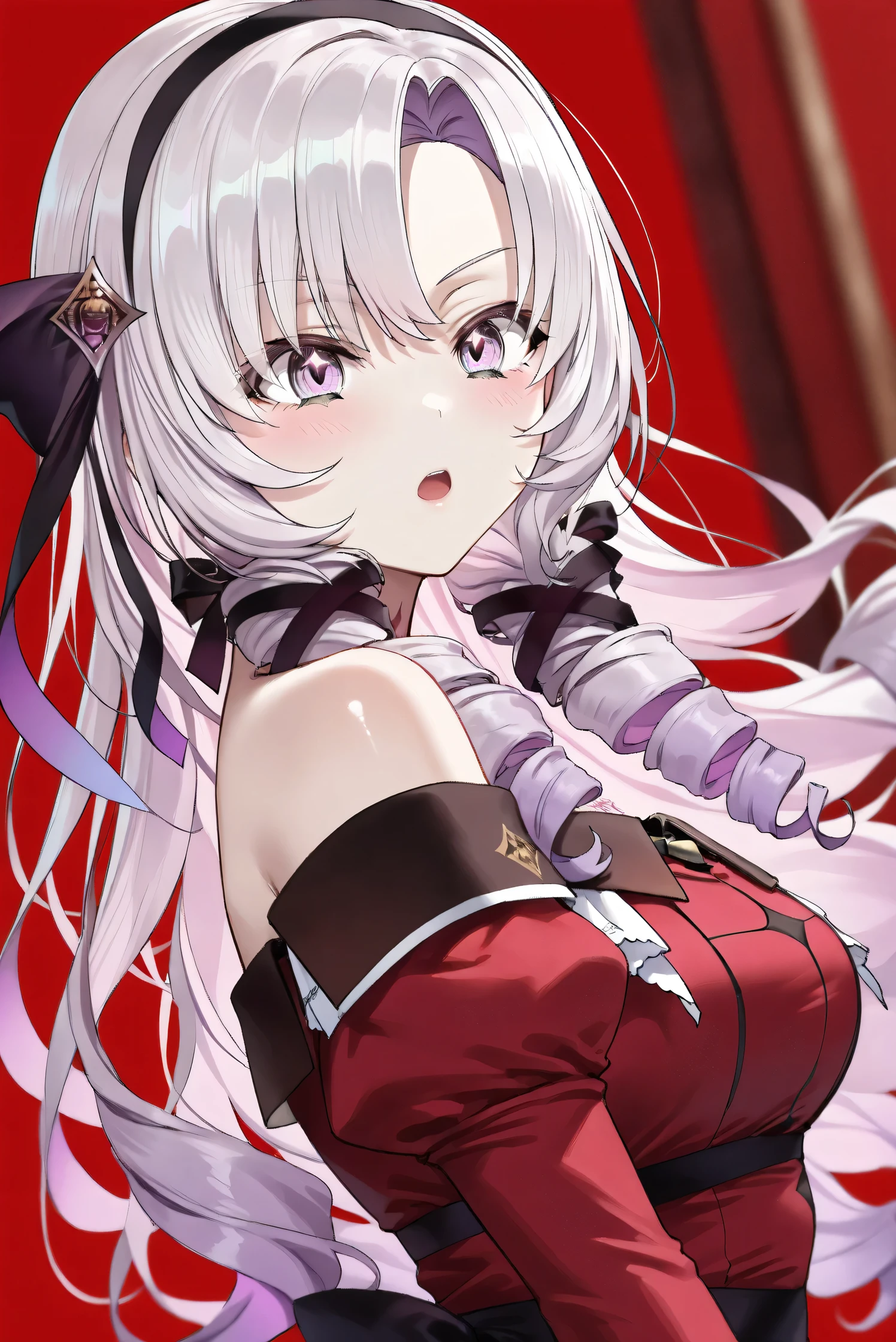 (Masterpiece), (Highest quality), (Very detailed), 
(The best shape), (Best Shadow), (Absurd), 
(Detailed background), (So beautiful), (Shiny), 
(Extraordinary), (Countershading), (8k), (32K), 
(High resolution), (Very Detailed CG), (UHD),

(Score_9), (Score_8_up), (Score_7_up), 
(Source_anime), (Pastel painting:1.2), 
(Watercolor painting:1.2),(Masterpiece, Detailed:1.2), (Foreshortening:1.2),

(Cinematic), (Dramatic), (Depth of field:1.4),
(Blurry background:1.4), (Realistic background:1.4),
(Dynamic angle), (1 girl),

(rose red background), 

(nijisanji), (virtual youtuber), 
(Hyakumantenbara Sarome), 

nijisalome, , purple eyes, light purple hair, 
symbol-shaped pupils, neck tattoo,  tattoo, 
long hair, parted bangs, black hairband, hair ribbon, 

nijisalomecos, red dress, strapless dress, 
argyle pattern dress, long sleeves, juliet sleeves, 
off shoulder,  shoulders, black gloves, 

(portrait), (from side),
(Blush:1.3), (Serious expression), (open mouth), 
(Realistic skin), (Shiny skin),