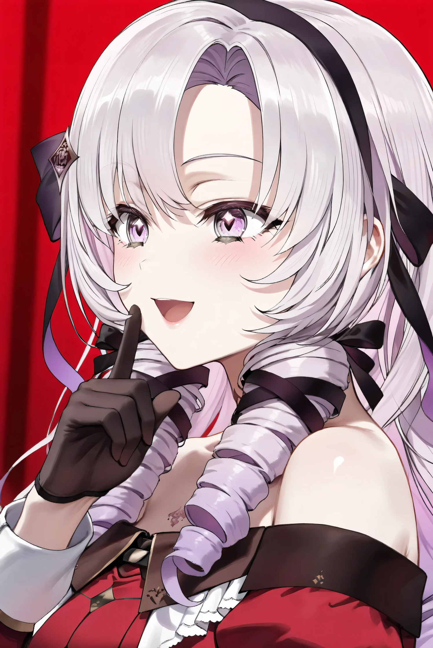 (Masterpiece), (Highest quality), (Very detailed), 
(The best shape), (Best Shadow), (Absurd), 
(Detailed background), (So beautiful), (Shiny), 
(Extraordinary), (Countershading), (8k), (32K), 
(High resolution), (Very Detailed CG), (UHD),

(Score_9), (Score_8_up), (Score_7_up), 
(Source_anime), (Pastel painting:1.2), 
(Watercolor painting:1.2),(Masterpiece, Detailed:1.2), (Foreshortening:1.2),

(Cinematic), (Dramatic), (Depth of field:1.4),
(Blurry background:1.4), (Realistic background:1.4),
(Dynamic angle), (1 girl),

(rose red background), 

(nijisanji), (virtual youtuber), 
(Hyakumantenbara Sarome), 

nijisalome, , purple eyes, light purple hair, 
symbol-shaped pupils, neck tattoo,  tattoo, 
long hair, parted bangs, black hairband, hair ribbon, 

nijisalomecos, red dress, strapless dress, 
argyle pattern dress, long sleeves, juliet sleeves, 
off shoulder,  shoulders, black gloves, 

(portrait), (from side),
(Blush:1.3), (Happy), (Smile), (open mouth), 
(Realistic skin), (Shiny skin),